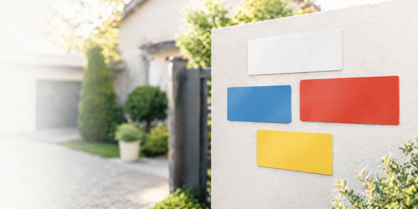 Sortiment an Aufklebern für Haus und Garten mit Hinweis-, Verbots- und Parkplatzmotiven in verschiedenen Signalfarben