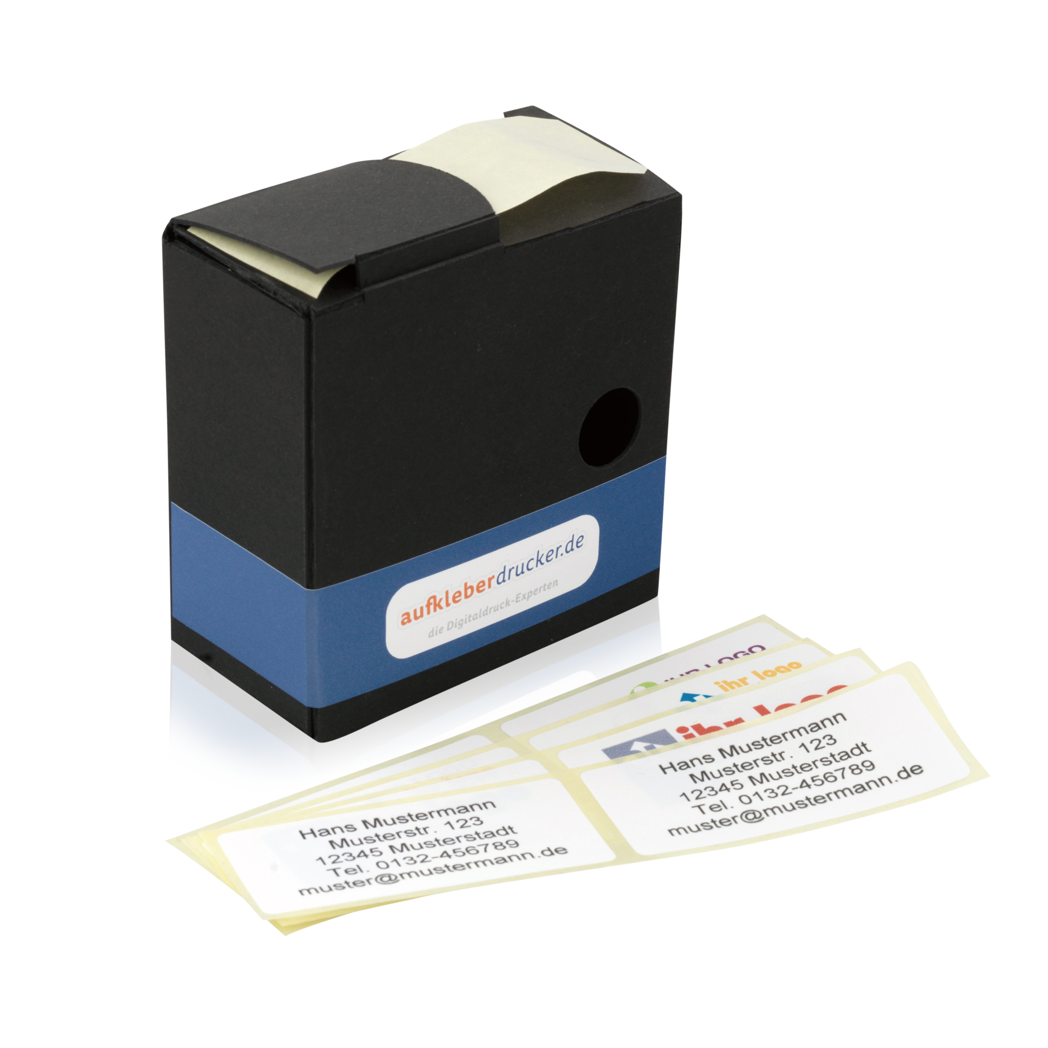 Adress-Etiketten mit Logo in Spenderkarton, 60x30 mm, 250 Stück, Rollenetikett, von aufkleberdrucker.de