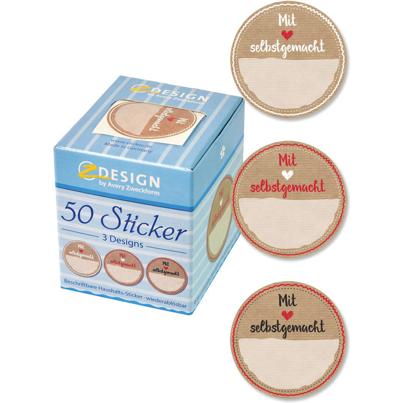 50 selbstgemachte Aufkleber mit dem Avery Zweckform Logo und Gestaltung, ideal für kreative Bastelprojekte und Dekorationen