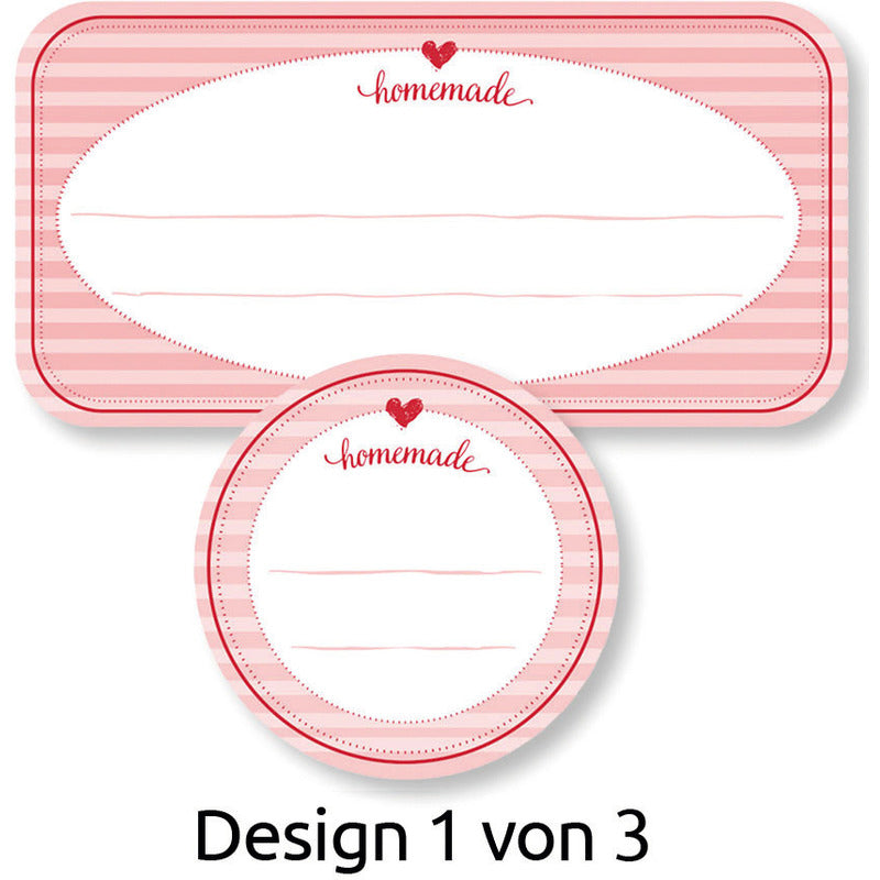 Aufkleber "Homemade" von Avery Zweckform, 50 Stück, weiße Etiketten mit schwarzer Schrift, auf einem weißen Hintergrund.