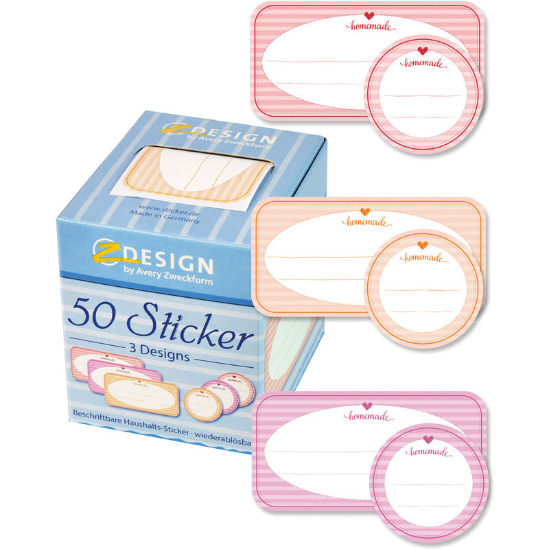 50 weiße Aufkleber "Homemade" von Avery Zweckform, rechteckiges Design auf weißem Hintergrund, ideal für Etiketten und Dekorationen