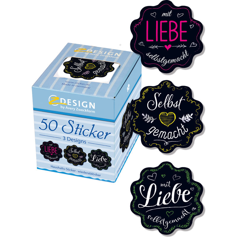 50 schwarze selbstgemachte Aufkleber von Avery Zweckform auf weißem Hintergrund, ideal für Bastel- und Kreativprojekte