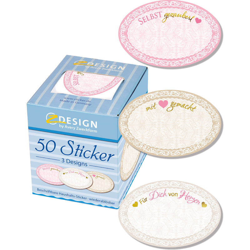50 Avery Zweckform Aufkleber "Selbst gezaubert" mit bunten, dekorativen Etiketten auf weißem Hintergrund