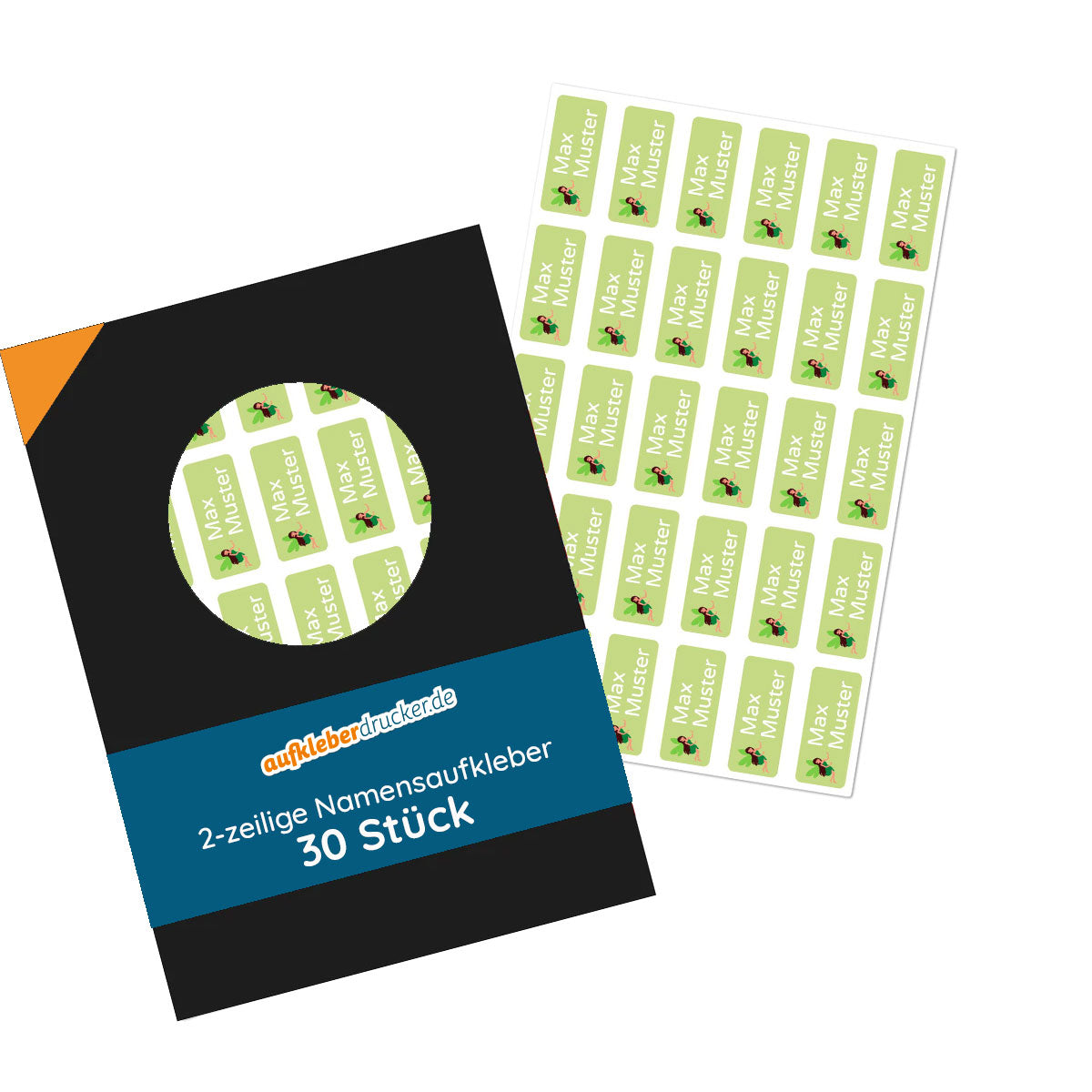 Zwei-zeilige kleine Namensaufkleber für Kinder, 30 Stück, 30x13 mm, aufkleberdrucker.de, bunte Aufkleber mit Namen.
