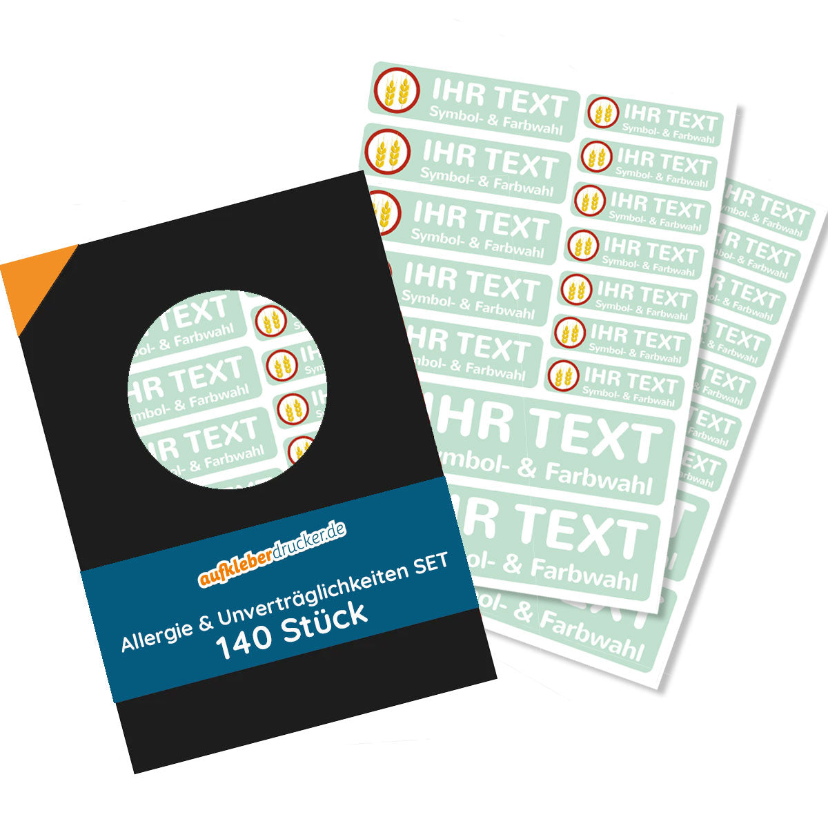Kinder-Namensaufkleber von aufkleberdrucker.de für Allergien und Unverträglichkeiten, 140 bunte Etiketten auf einem Set.