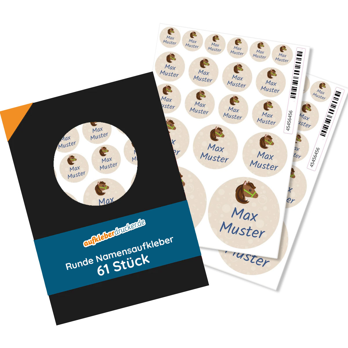Runde Namensaufkleber in verschiedenen Größen, 61 Stück, aufkleberdrucker.de, mit bunten Designs und klarer Beschriftung