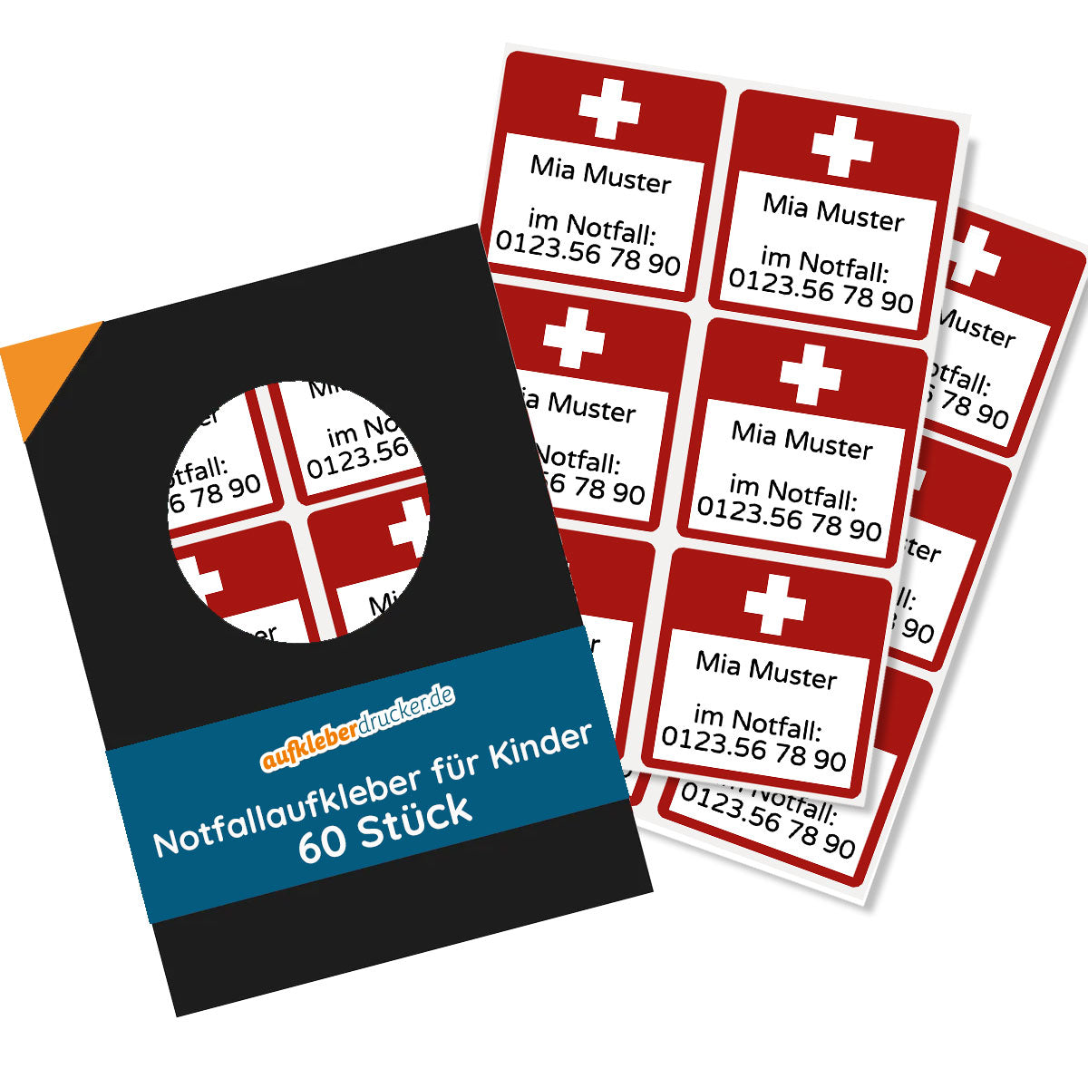 Kinder-Notfallaufkleber mit 47x47 mm, 60 Stück, bunte Sicherheitsaufkleber für Kinder, aufkleberdrucker.de