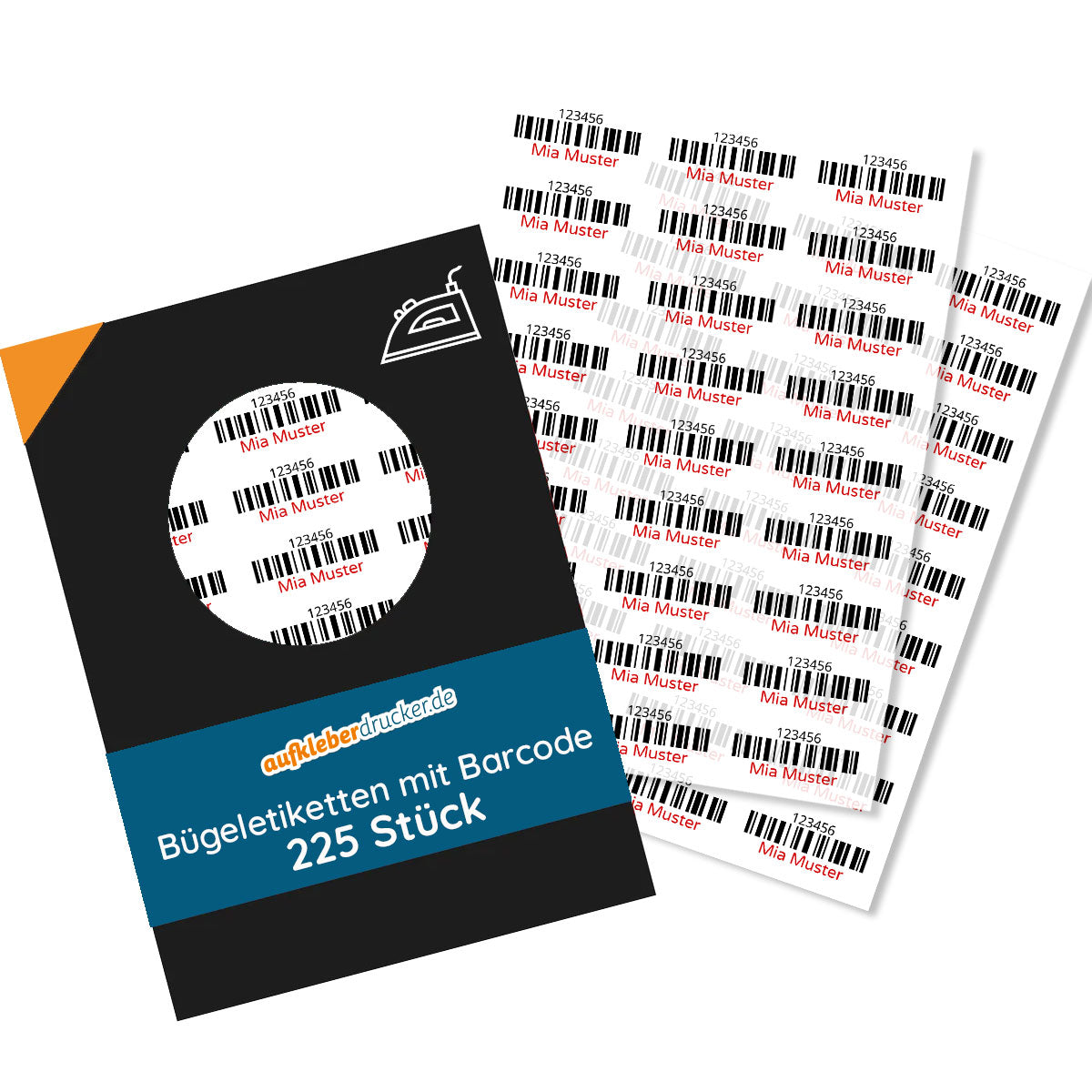 225 Stück Bügeletiketten mit Barcode, 30x13 mm, aufkleberdrucker.de, weiße Etiketten mit Barcode und Beschriftungsfläche