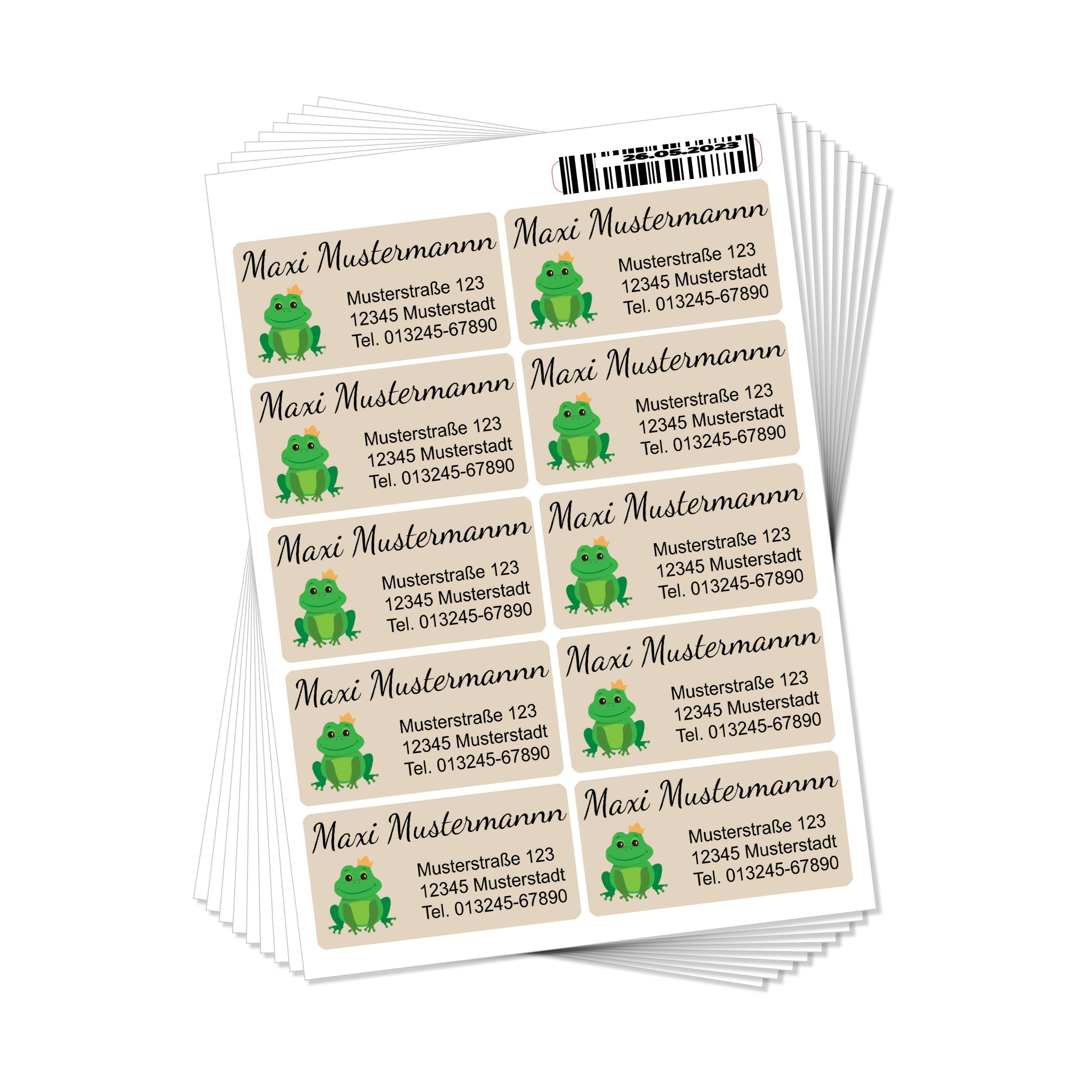 100 individuelle Adressaufkleber mit Frosch-Design, 50x25 mm, ideal für Schule, Kita und Co., von aufkleberdrucker.de