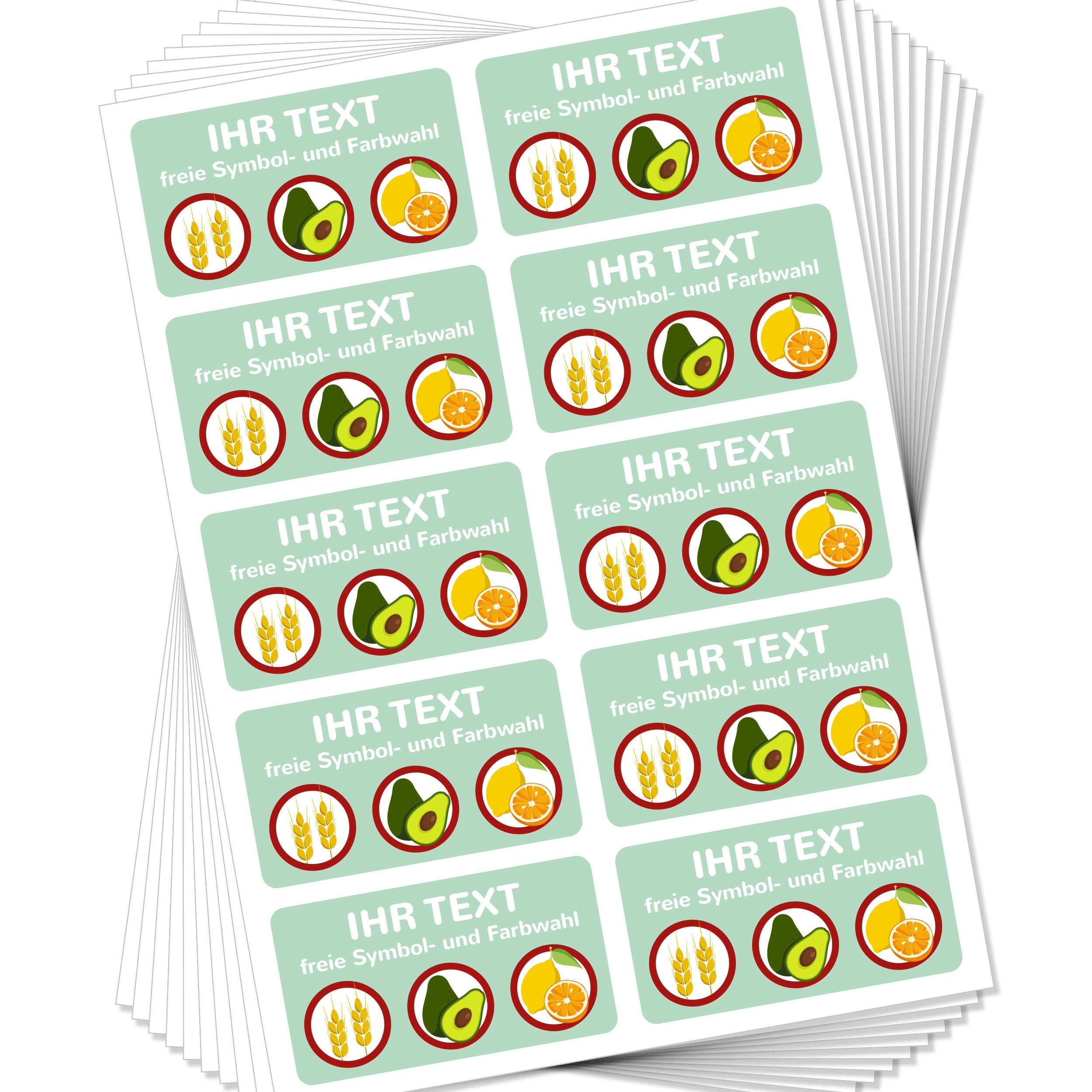 Aufkleber "Allergien & Unverträglichkeiten" in 100 Stück, 47x26 mm, mit individuell gestaltbarem Design, auf allergiebezogenem Aufkleber.