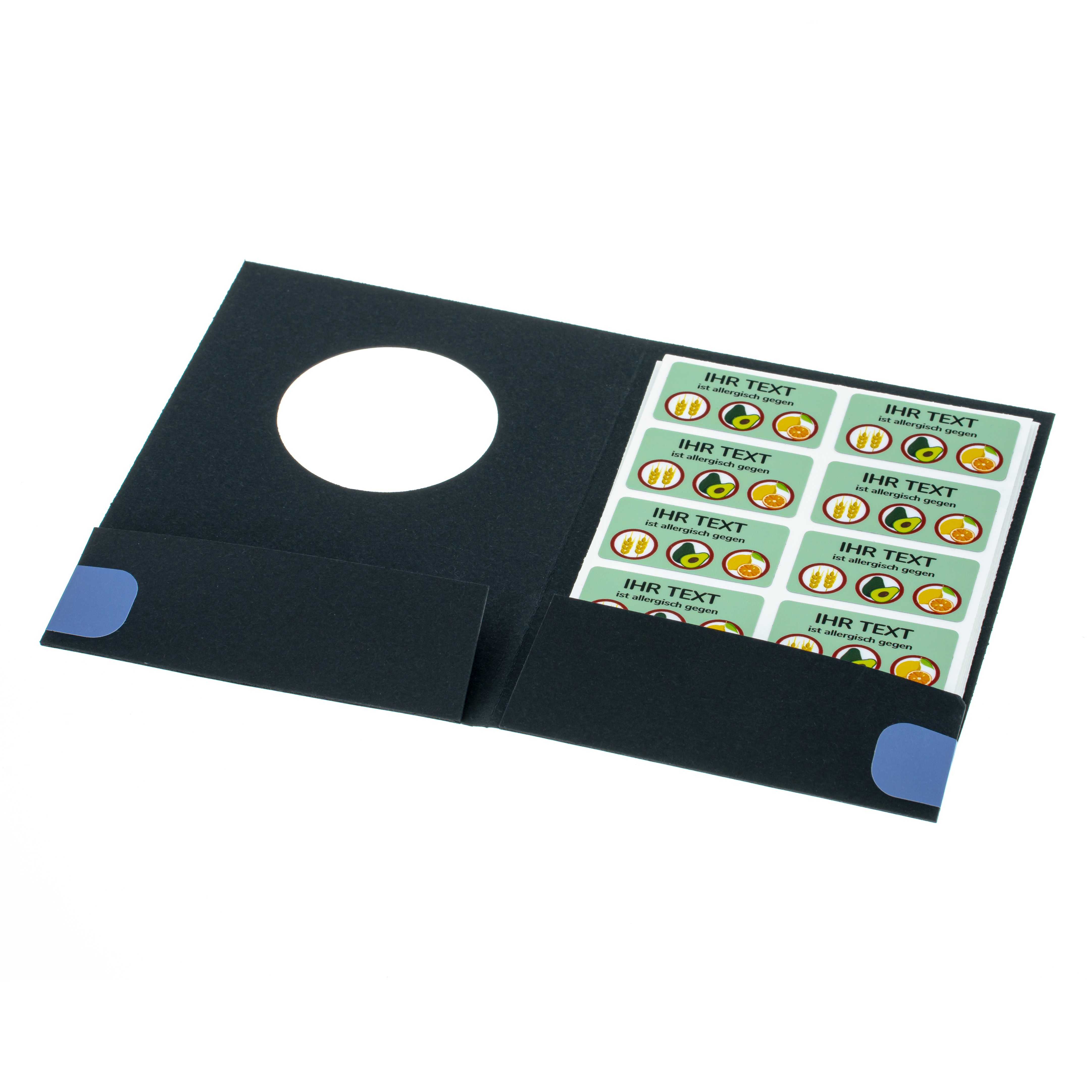 Packung mit 100 Aufklebern "Allergien & Unverträglichkeiten" in Mappe, individuell gestaltbar, Größe 47x26 mm.