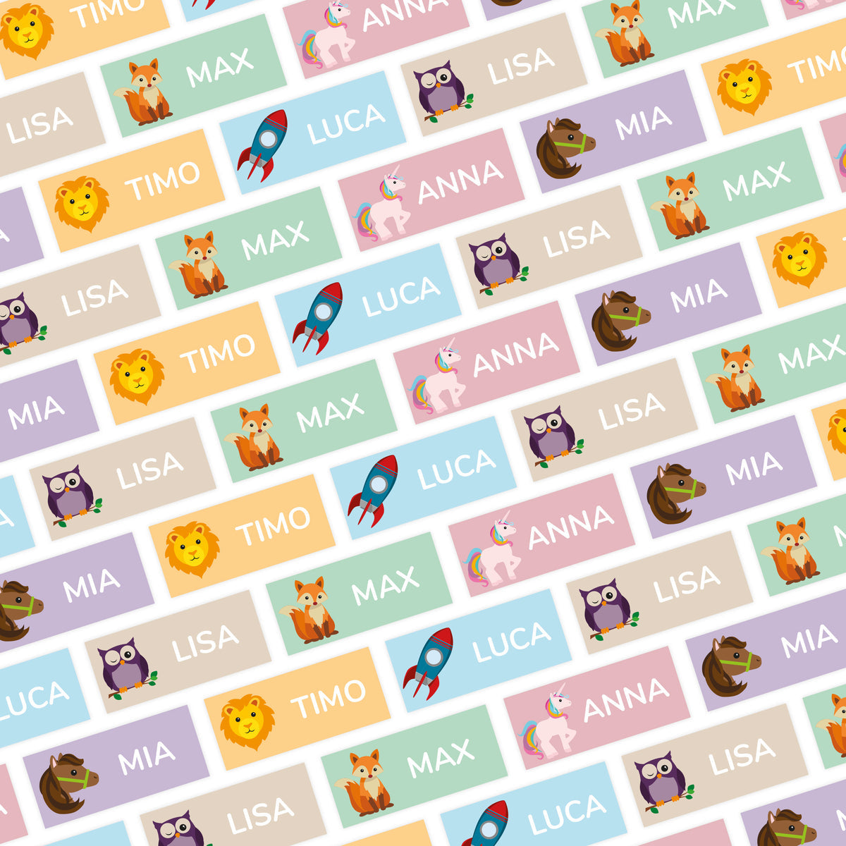 Kleine zweizeilige Namensaufkleber für Kinder, 30 Stück, 30x13 mm, mit bunten Designs, aufkleberdrucker.de