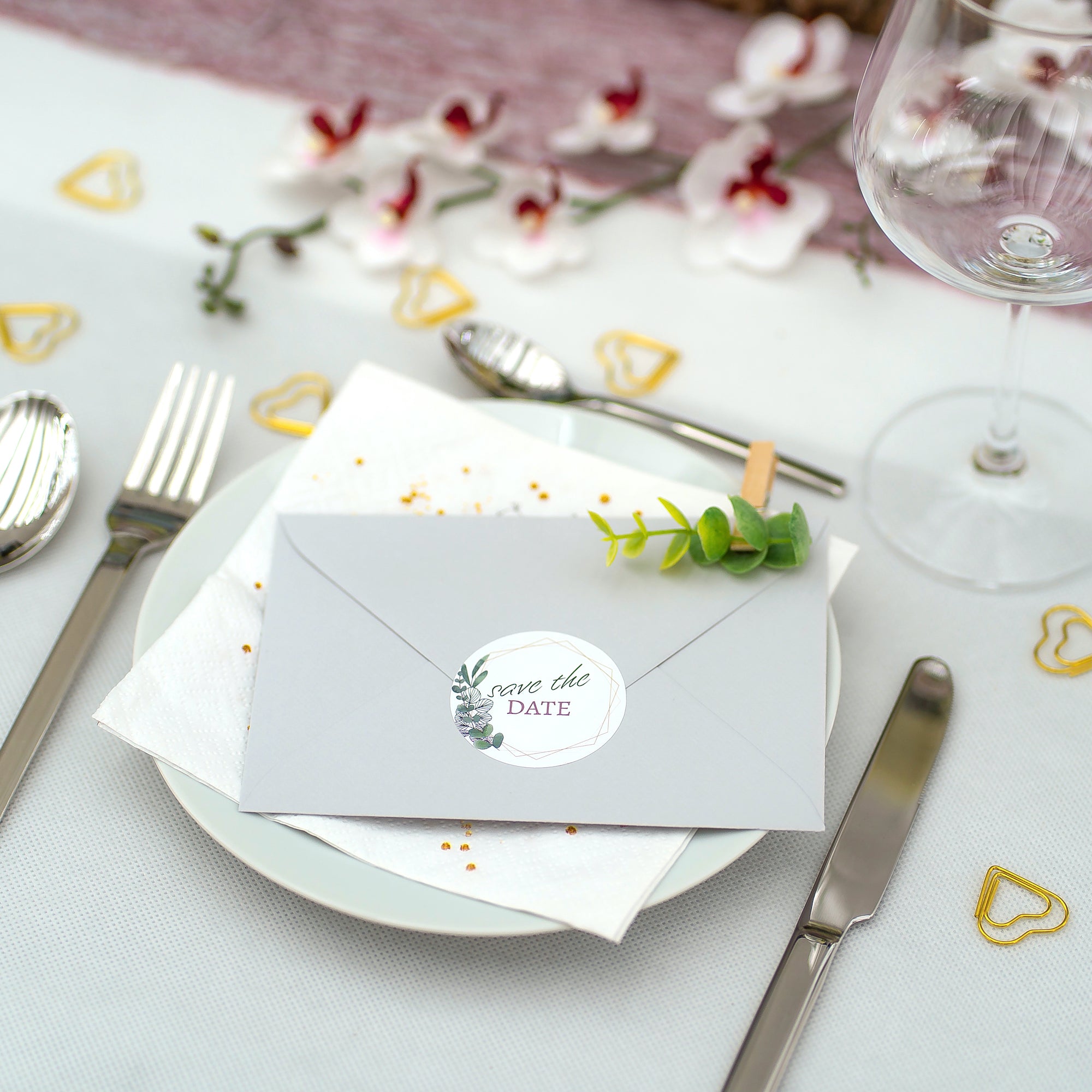 Aufkleber für Hochzeit "Eukalyptus" (Set mit 80 Aufklebern in verschiedenen Größen & Texte)