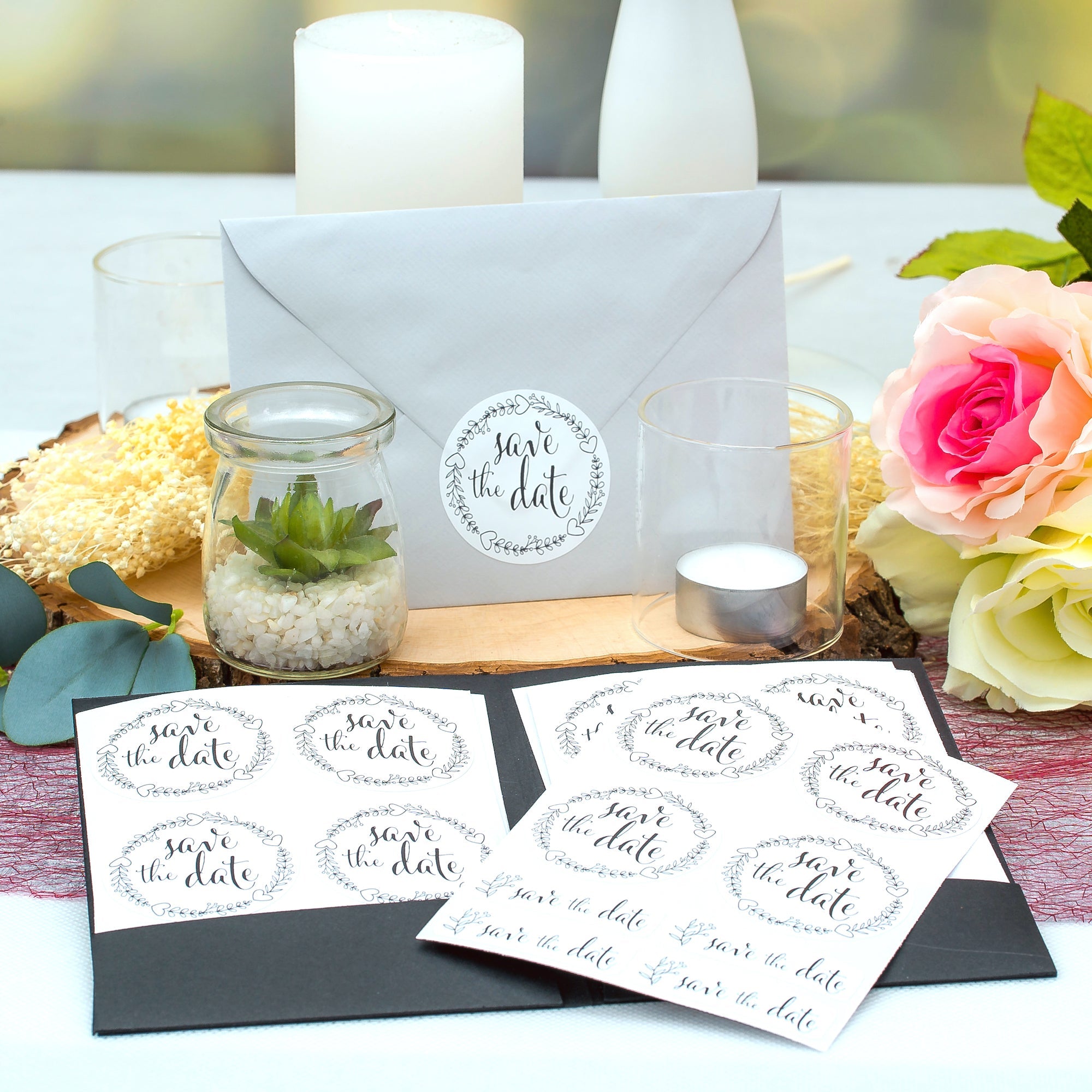 Aufkleber für Hochzeit "schwarz/weiß" (Set mit 80 Aufklebern in verschiedenen Größen & Texte)