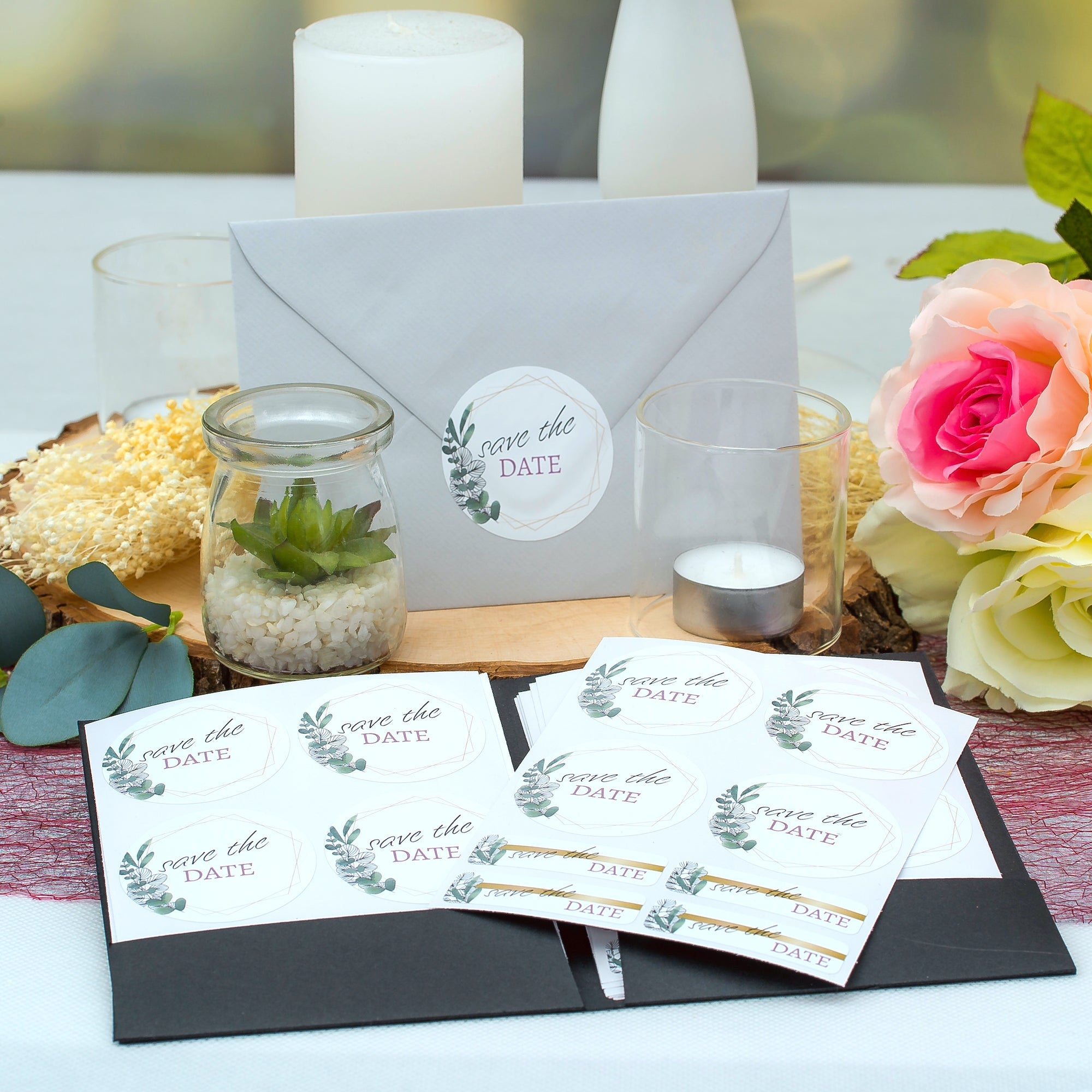 Aufkleber für Hochzeit "Eukalyptus" (Set mit 80 Aufklebern in verschiedenen Größen & Texte)