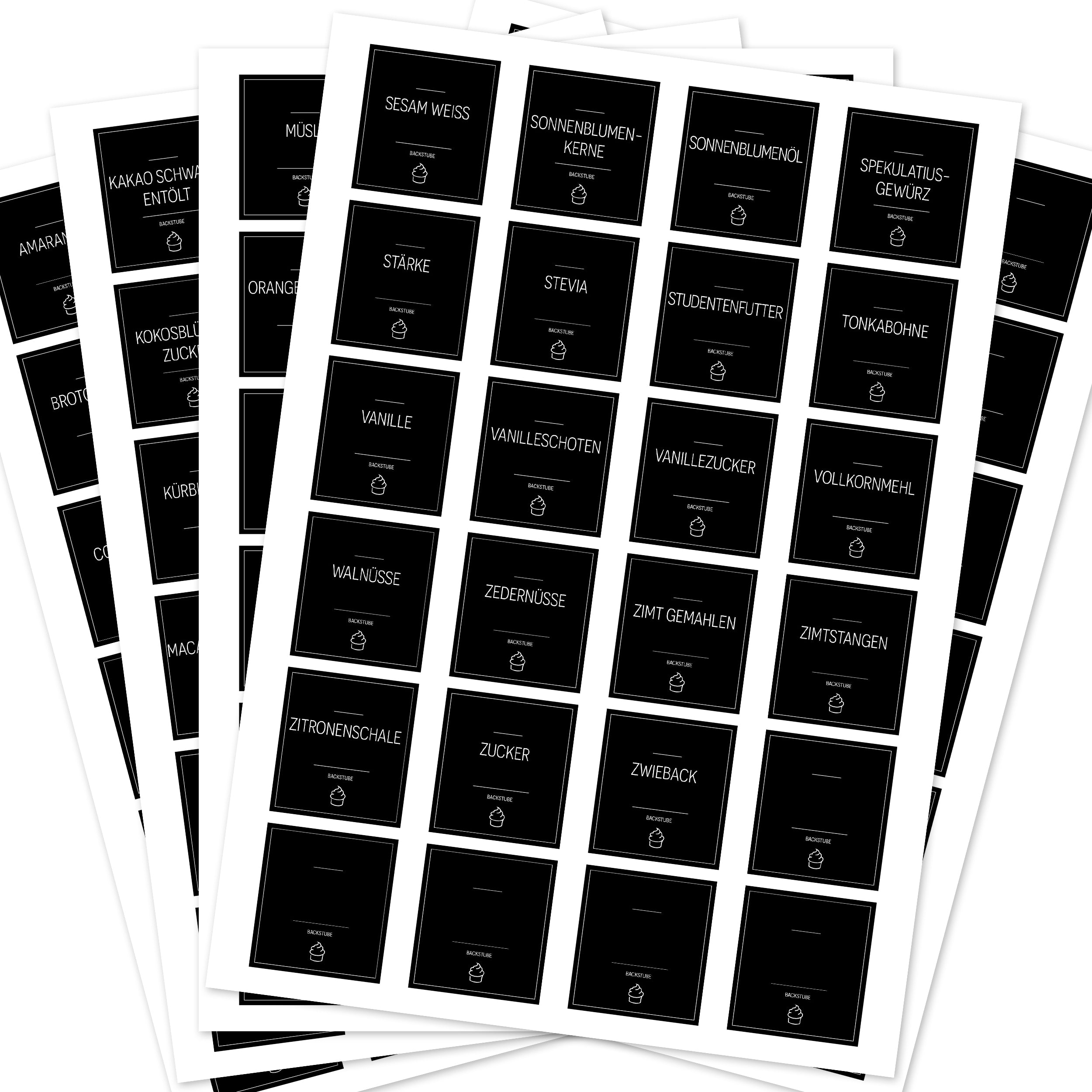 Schwarze rechteckige Backetiketten für Backzutaten, 120er Set, ideal für die Organisation in der Backstube, von aufkleberdrucker.de