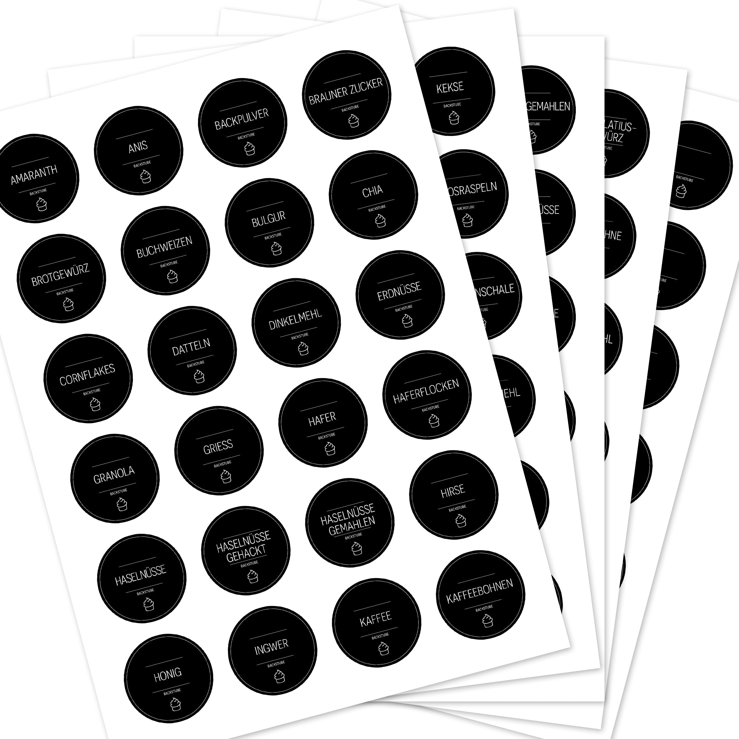Runde Backetiketten für Backzutaten in Schwarz, Set mit 120 Aufklebern, ideal für Backstube und Lebensmittel.