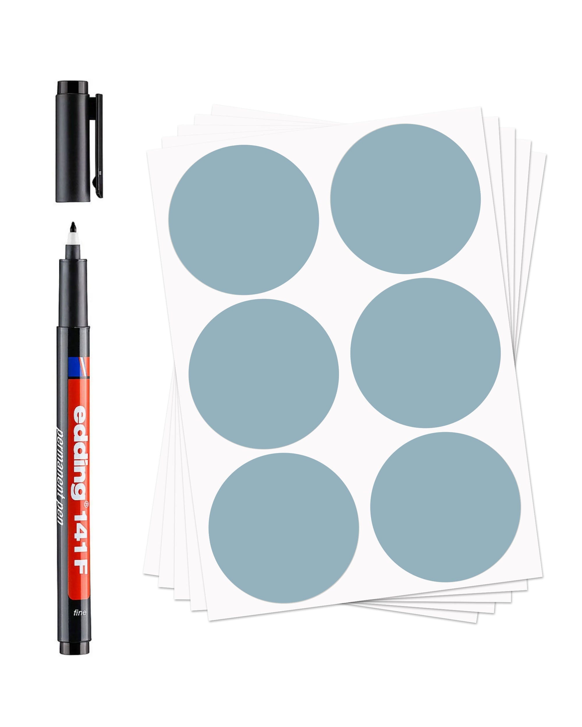 Runde Blanko-Aufkleber mit Permanentmarker auf blaugrauen Geschenkaufklebern, 60 Stück, Ø 47 mm, von aufkleberdrucker.de