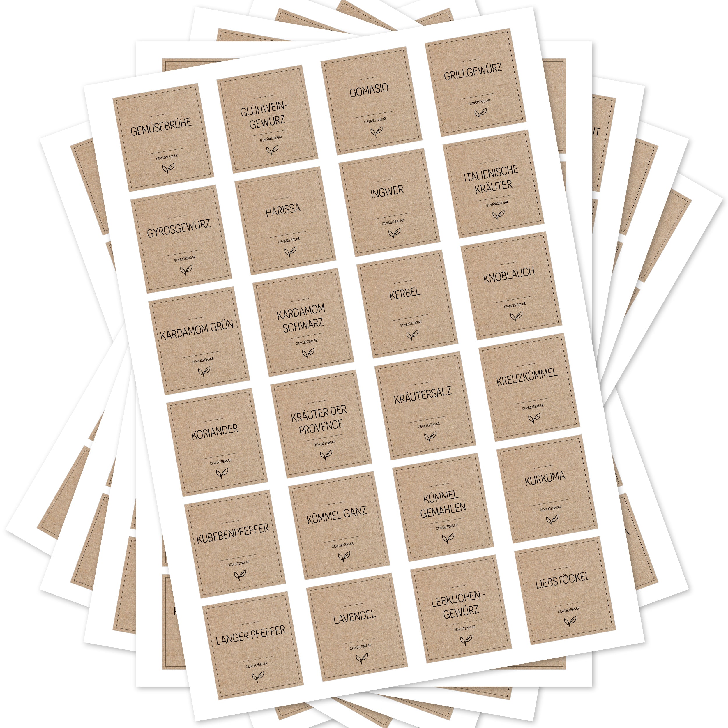 Braune, eckige Gewürzetiketten von aufkleberdrucker.de für Gewürzgläser, Set mit 144 Aufklebern, ideal für Küchen und Gewürzbasar
