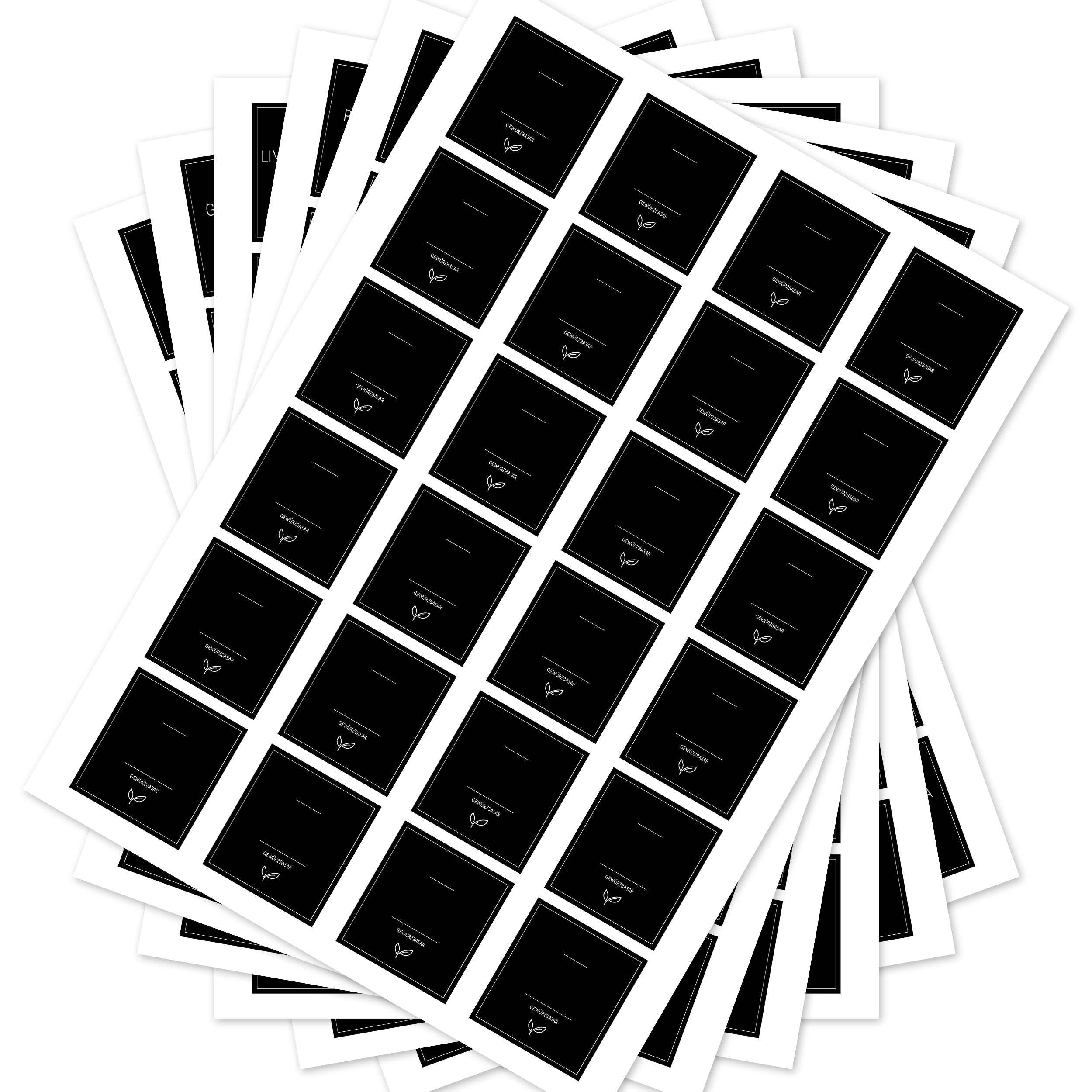 Schwarze, eckige Gewürzetiketten von aufkleberdrucker.de für Gewürzgläser, Set mit 144 Aufklebern, klare Beschriftung sichtbar
