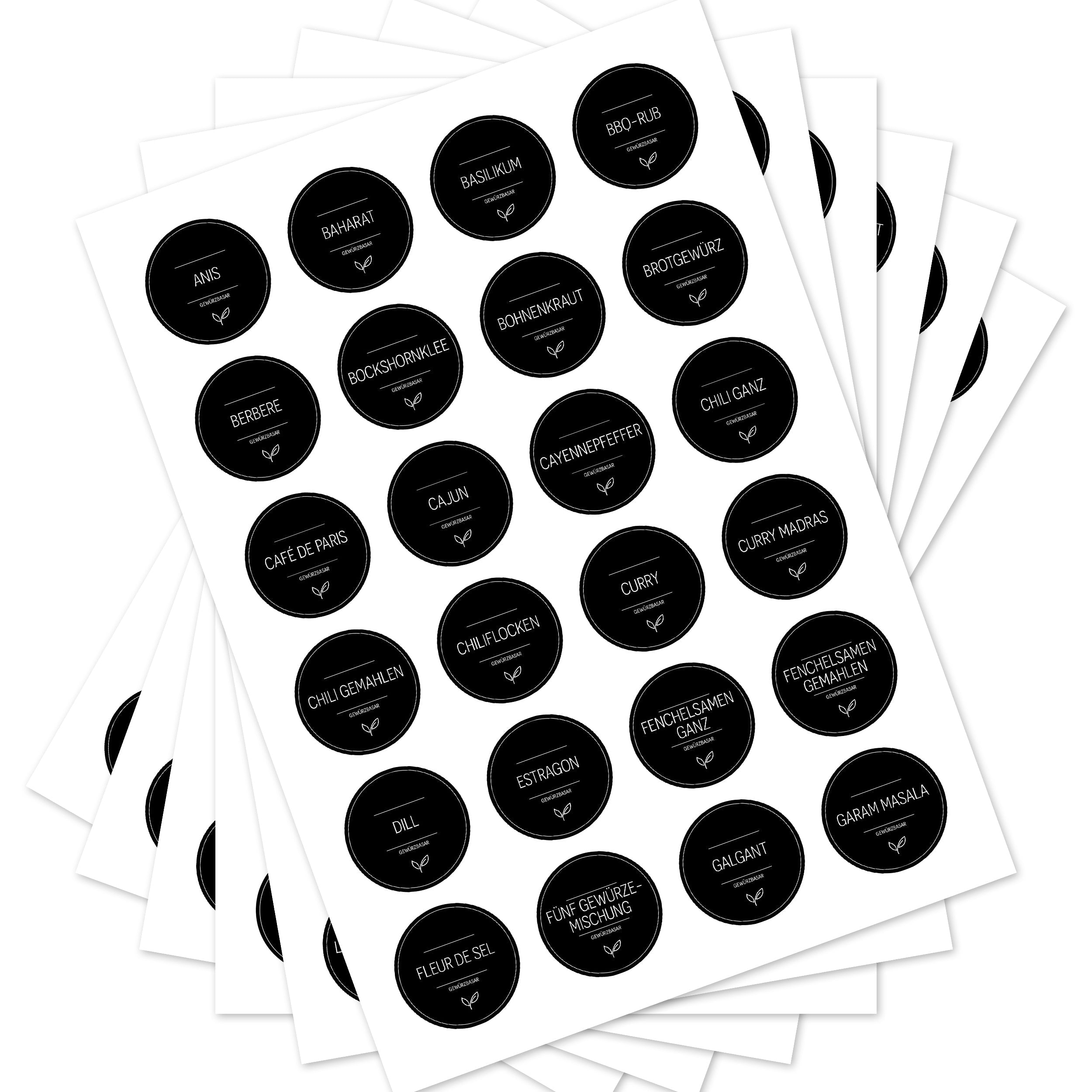 Runde schwarze Gewürzetiketten für Gläser, Set mit 144 Aufklebern, ideal für Gewürzbasar und Küchenorganisation.