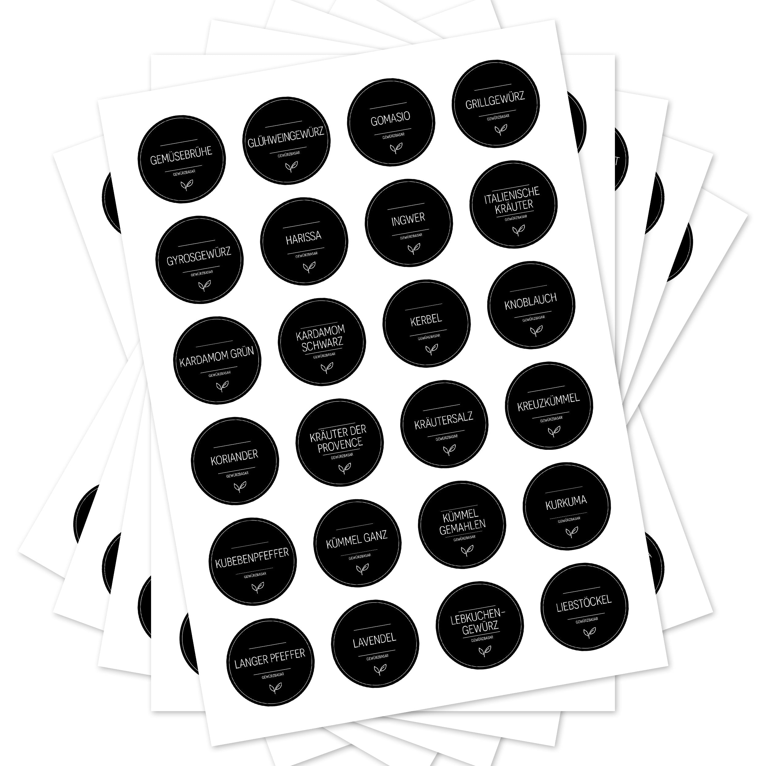 Runde schwarze Gewürzetiketten für Gewürzgläser, Set mit 144 Aufklebern, zum Beschriften von Gewürzbehältern.