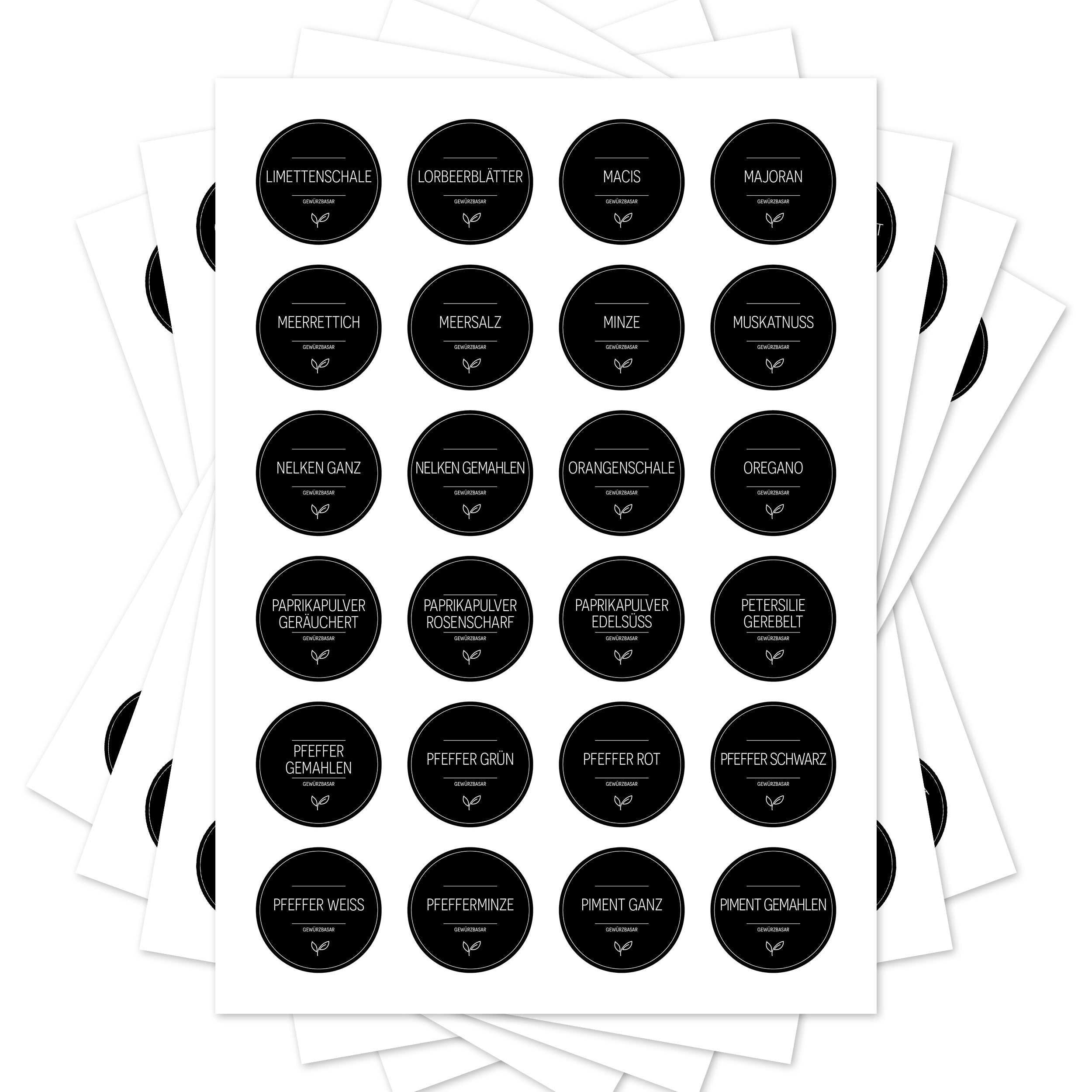 Runde schwarze Gewürzetiketten für Gläser, Set mit 144 Aufklebern, ideal für Gewürzbasar und Küchenorganisation.