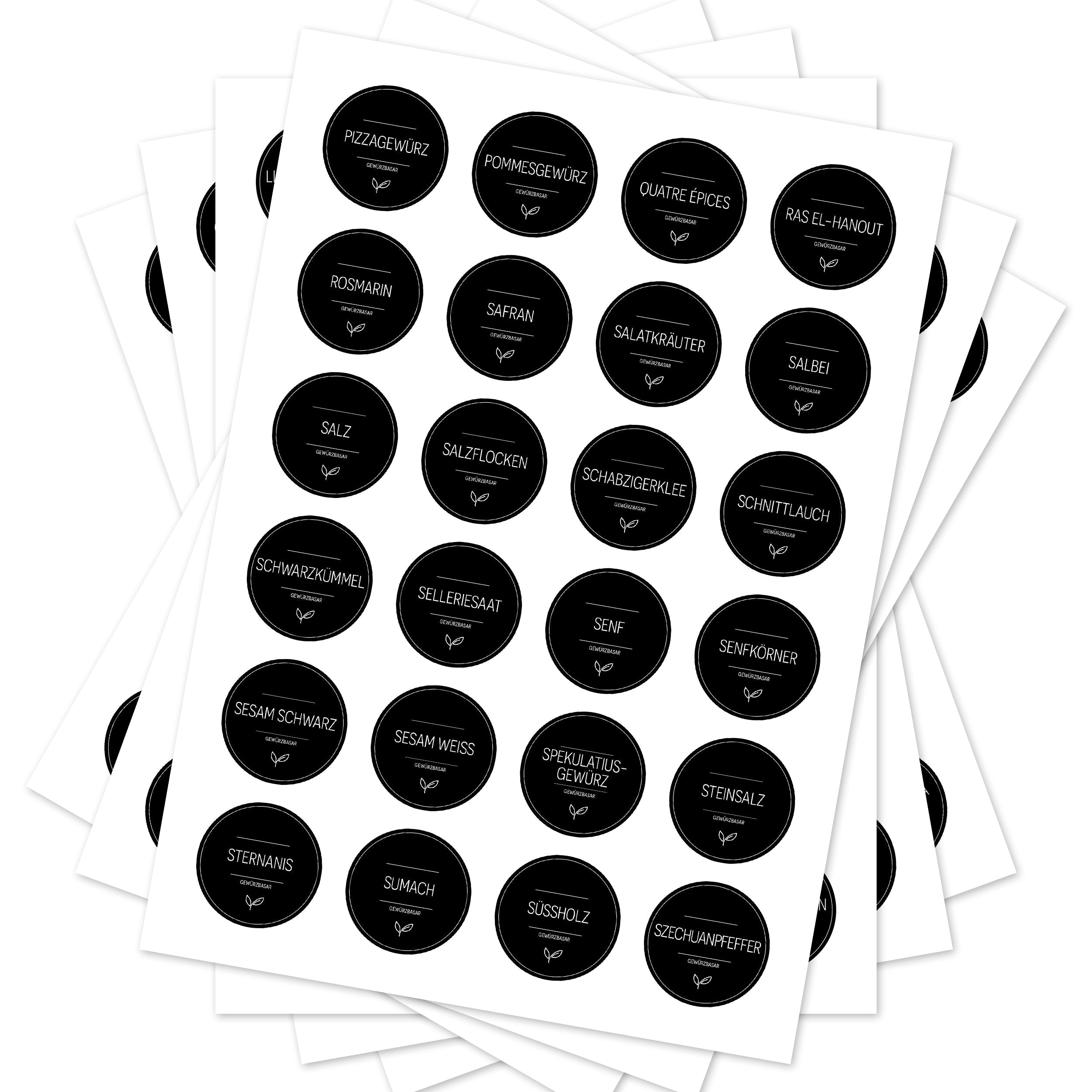 Runde schwarze Gewürzetiketten für Gläser, Set mit 144 Aufklebern, ideal für Gewürzbasar und Küchenorganisation.