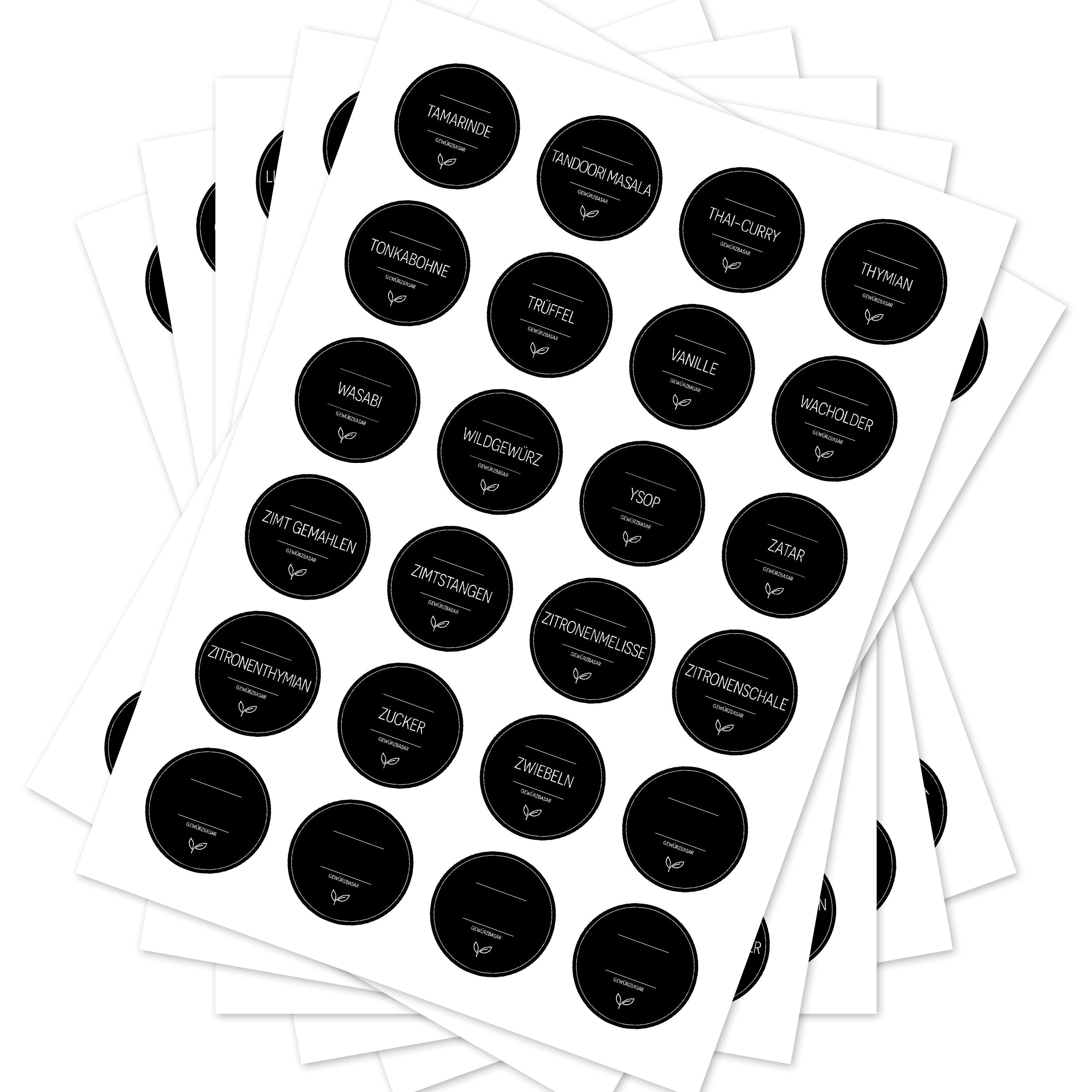 Runde schwarze Gewürzetiketten für Gläser, Set mit 144 Aufklebern, ideal für Gewürzbasar und Küchenorganisation.