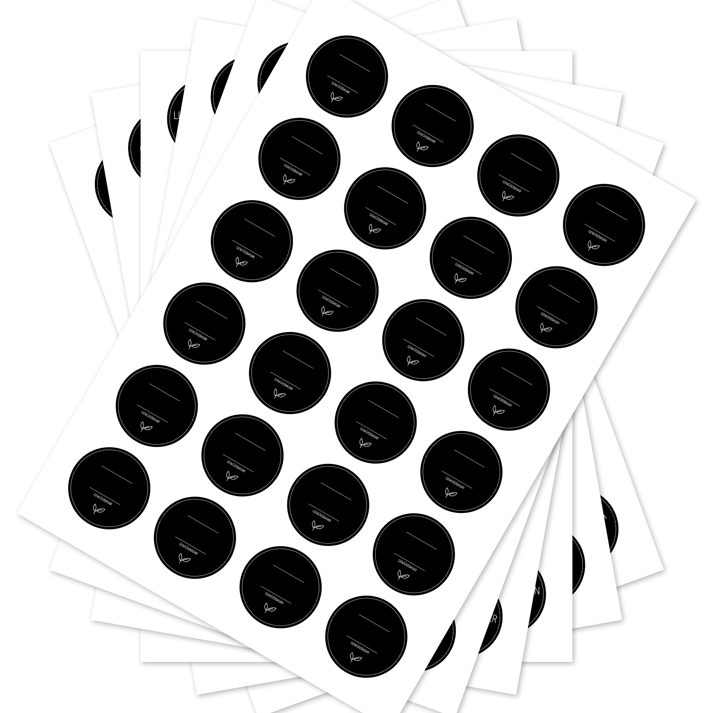 Schwarze runde Gewürzetiketten für Gewürzgläser, 144er Set, aufkleberdrucker.de, ideal für die Küchenorganisation