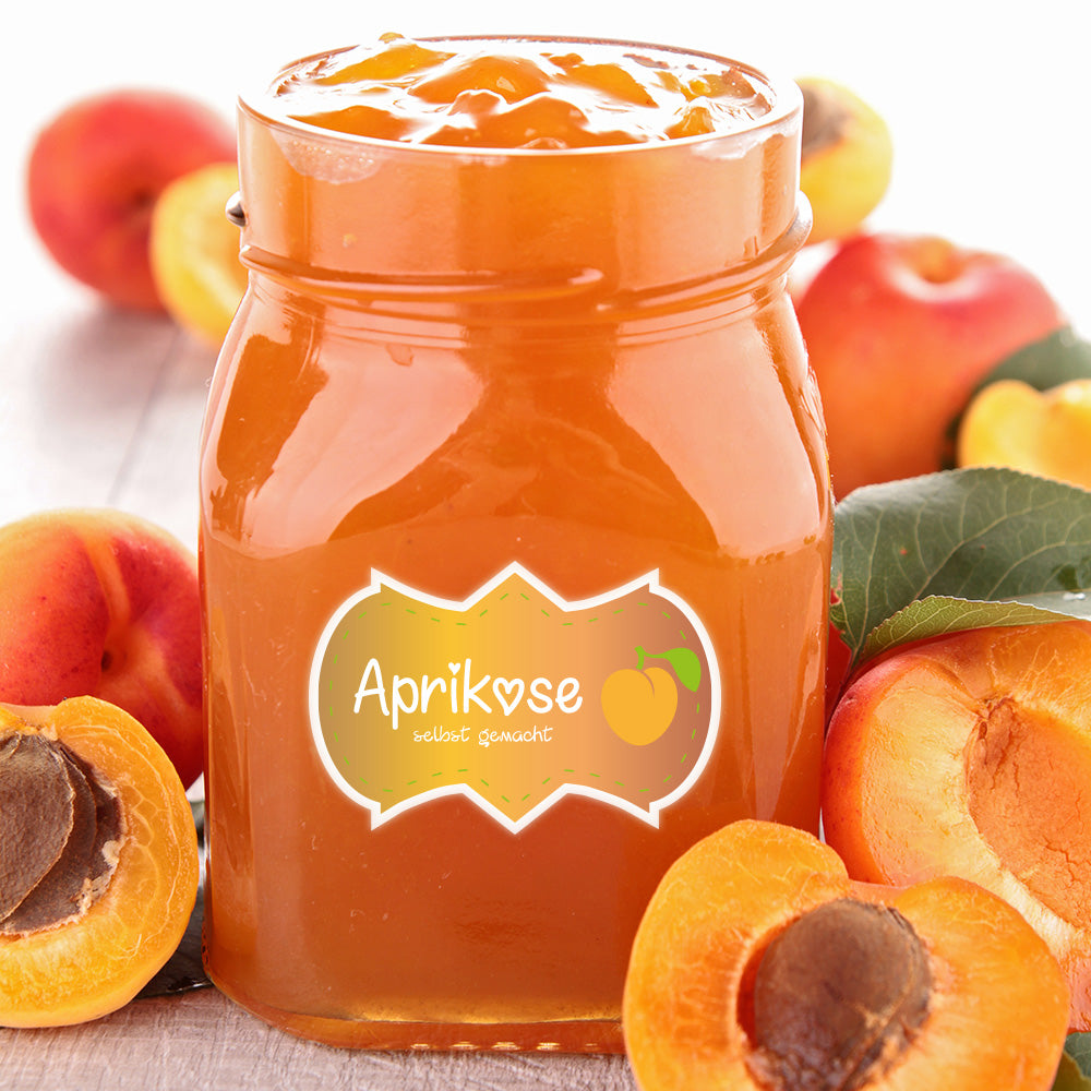 Set mit drei Bögen Aprikosenmarmelade-Aufkleber, fruchtiges Design, perfekt für Gläser, aufkleberdrucker.de