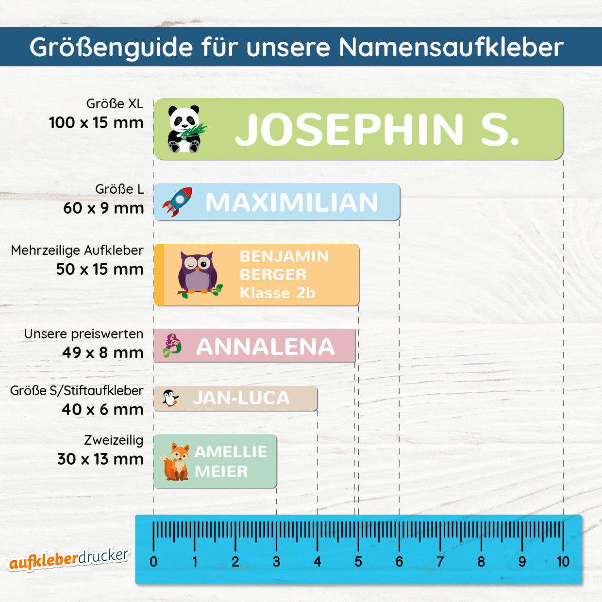 Kleine 2-zeilige Namensaufkleber für Kinder, 30 Stück, 30x13 mm, mit bunten Mustern auf weißem Hintergrund.
