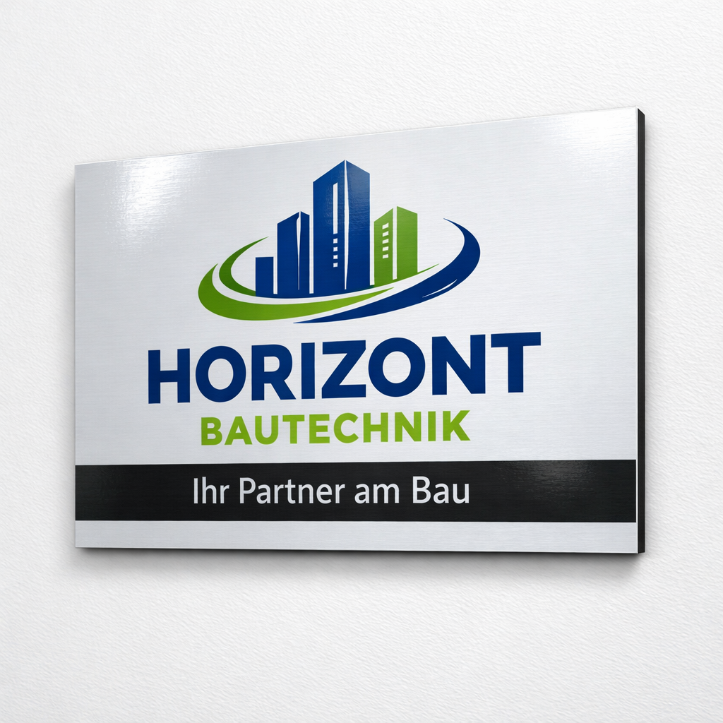 Alu Verbundplatten 3 mm mit UV-Druck für Firmenzeichen auf weißem Hintergrund, hochwertiges Werbeschilder-Design.