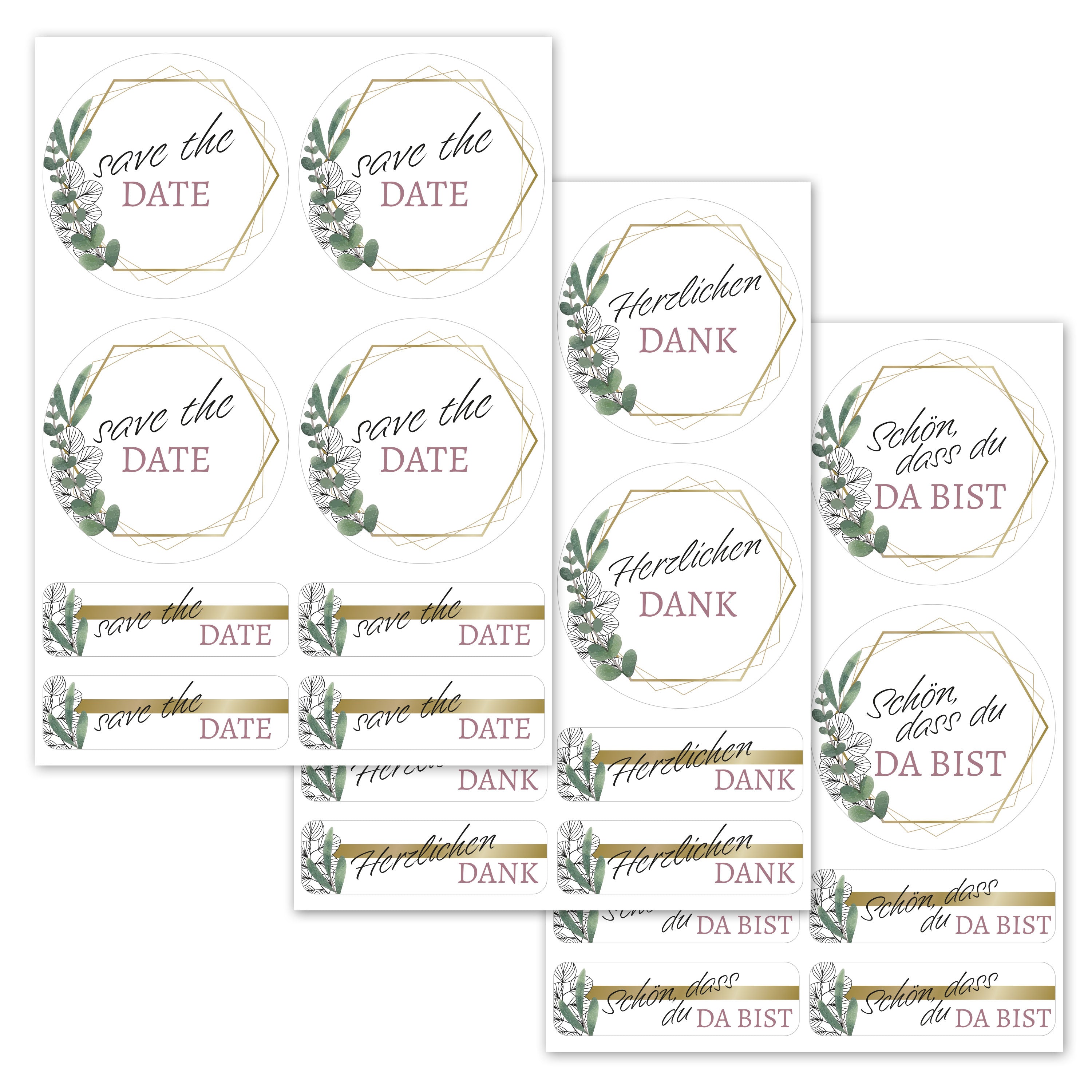 Aufkleber für Hochzeit "Eukalyptus" (Set mit 80 Aufklebern in verschiedenen Größen & Texte)