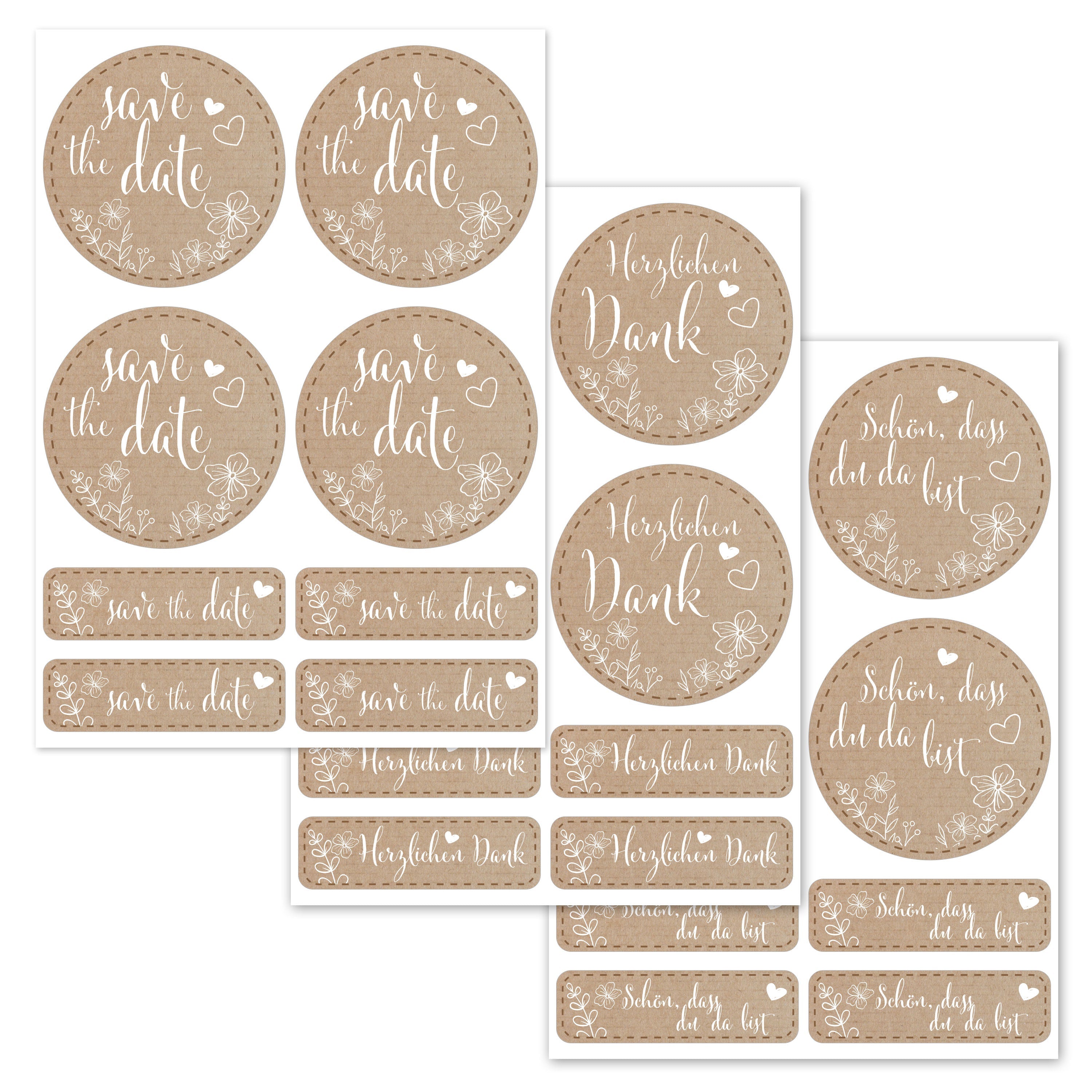 Aufkleber für Hochzeit "Papierdekor" (Set mit 80 Aufklebern in verschiedenen Größen & Texte)