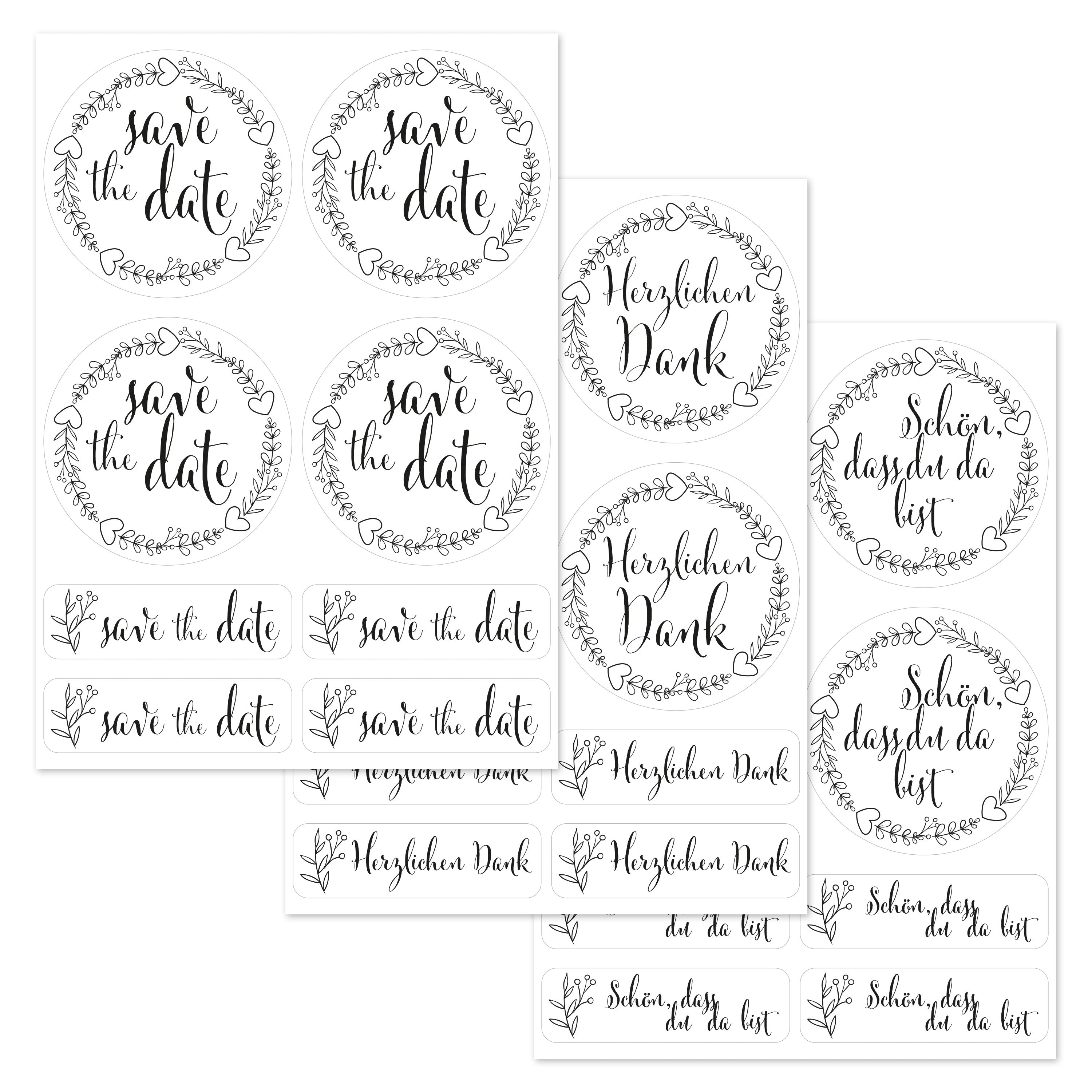 Aufkleber für Hochzeit "schwarz/weiß" (Set mit 80 Aufklebern in verschiedenen Größen & Texte)