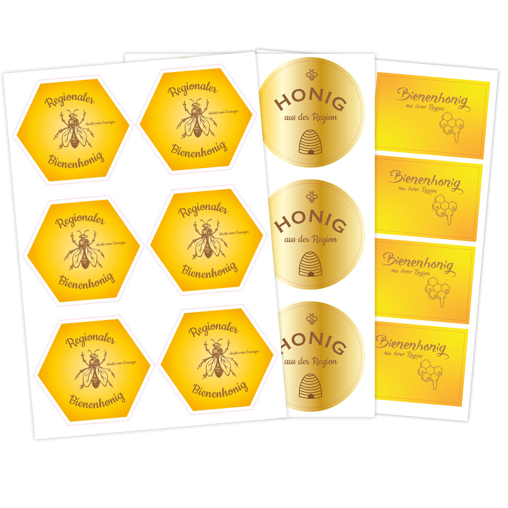 Honig-Aufkleber-Set 1 mit 3 Bögen, 200x300 mm, selbstklebende Etiketten für Honiggläser, von aufkleberdrucker.de