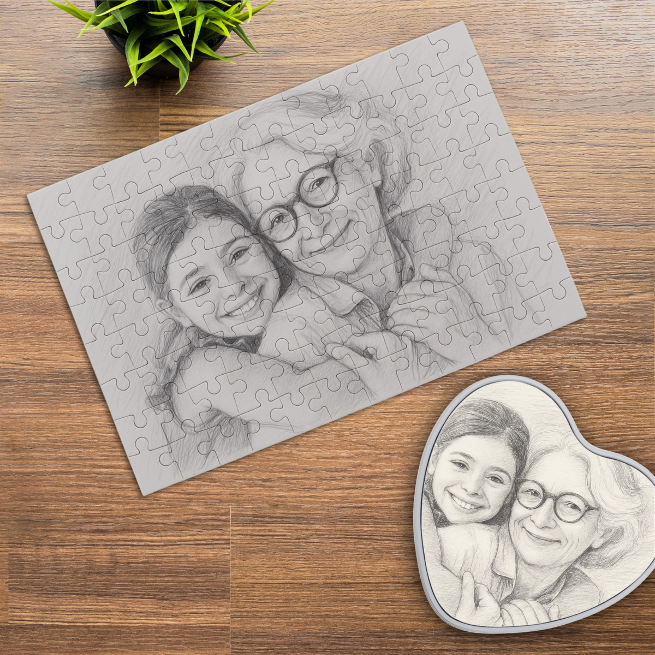 Puzzle mit Bleistiftzeichnung und Herzdose, individuell gestaltbar, 96 Teile, kreative Geschenkidee von aufkleberdrucker.de