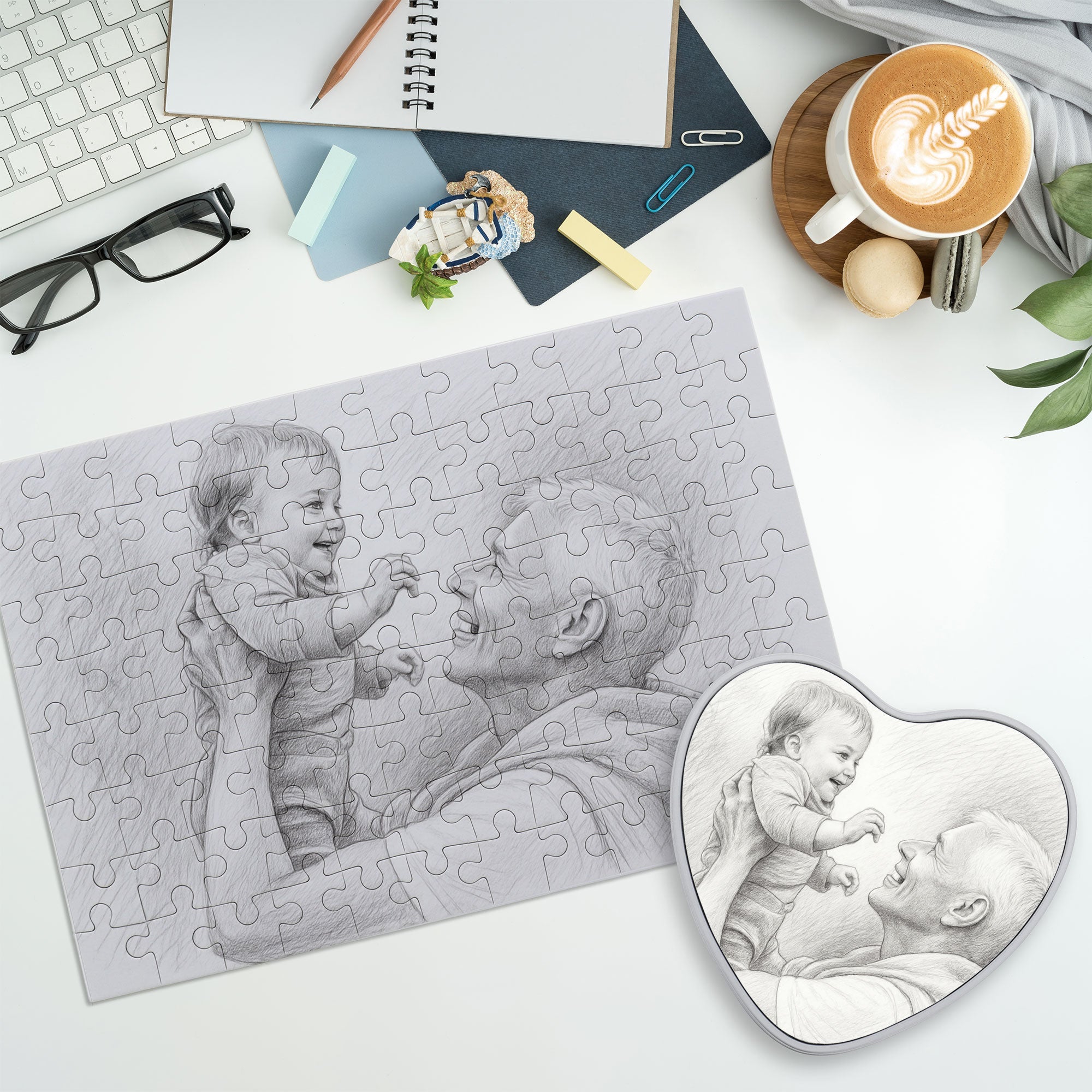 Puzzle mit Bleistiftzeichnung und Herzdose, 96 Teile, personalisierbar, von aufkleberdrucker.de, detailreiche Illustration sichtbar