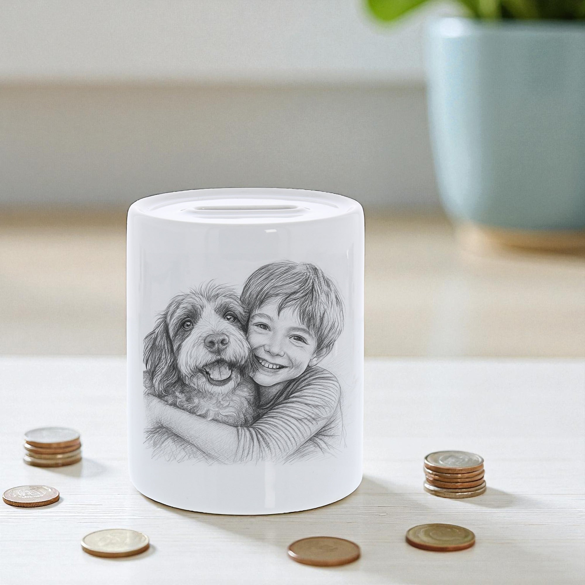 Spardose mit Bleistiftzeichnung und Individualisierung - aufkleberdrucker.de