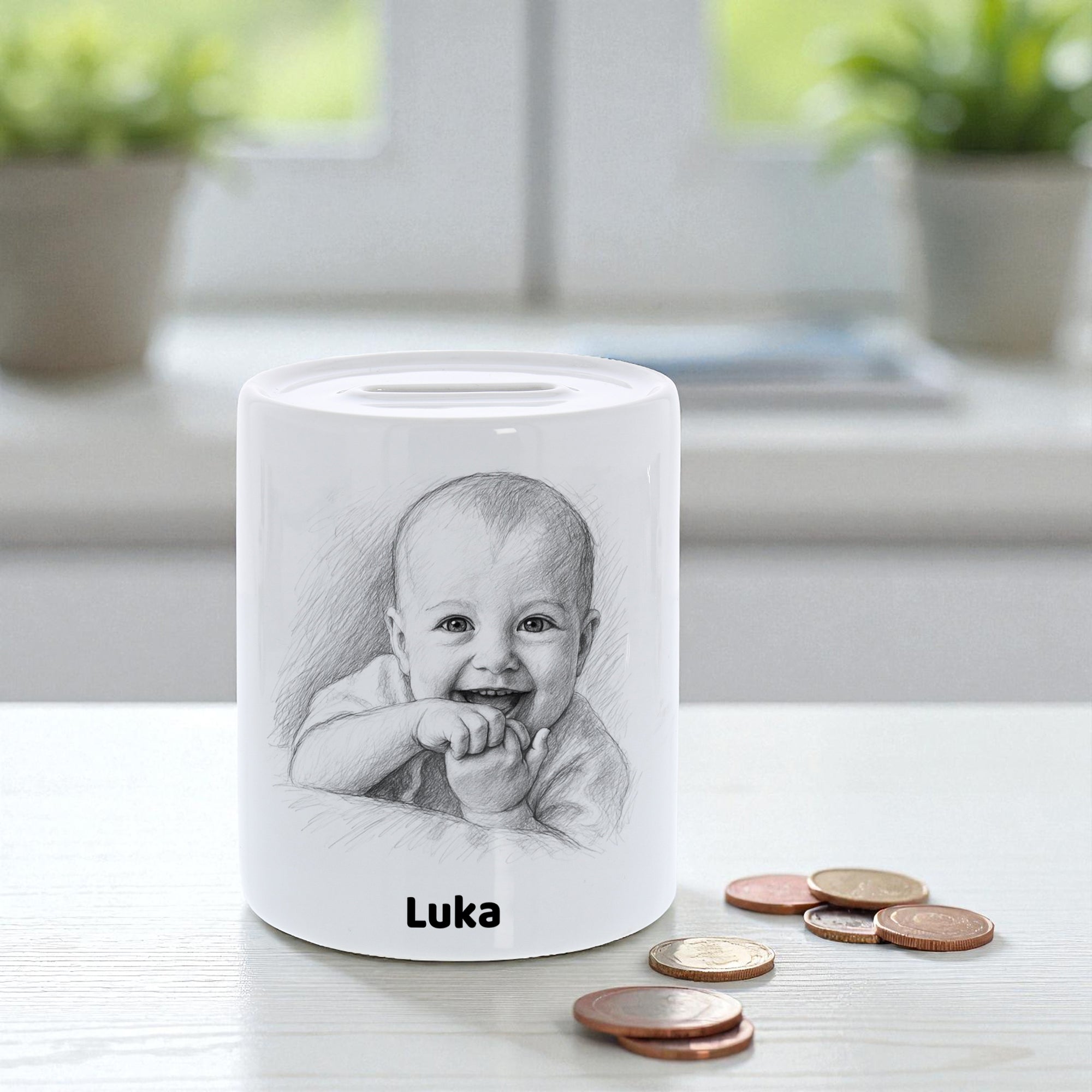 Spardose mit Bleistiftzeichnung und Individualisierung - aufkleberdrucker.de