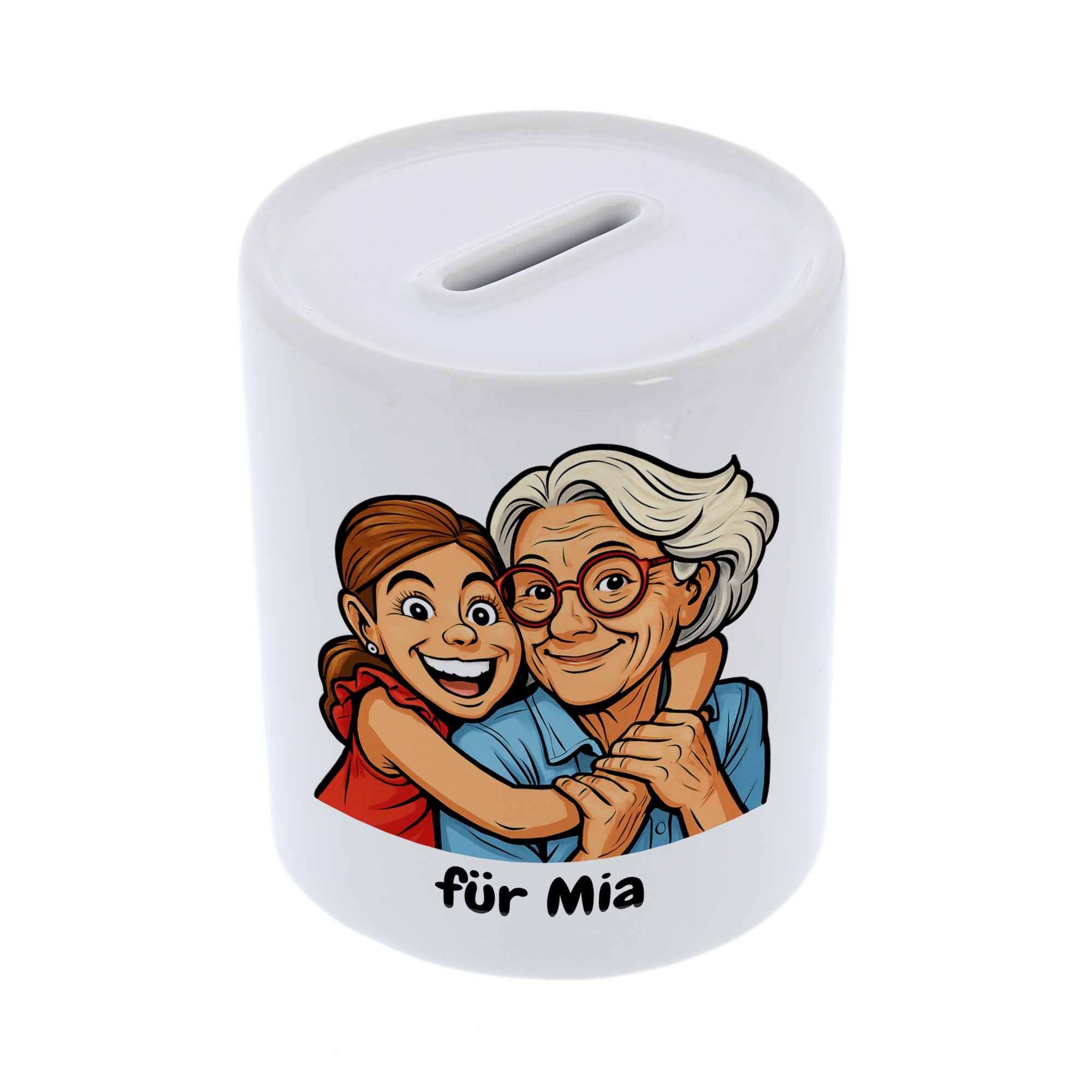 Spardose mit Karikatur und Personalisierung, bunt bedruckt, detailreiche Comic-Designs, für Kinder und Erwachsene, individuell gestaltbar
