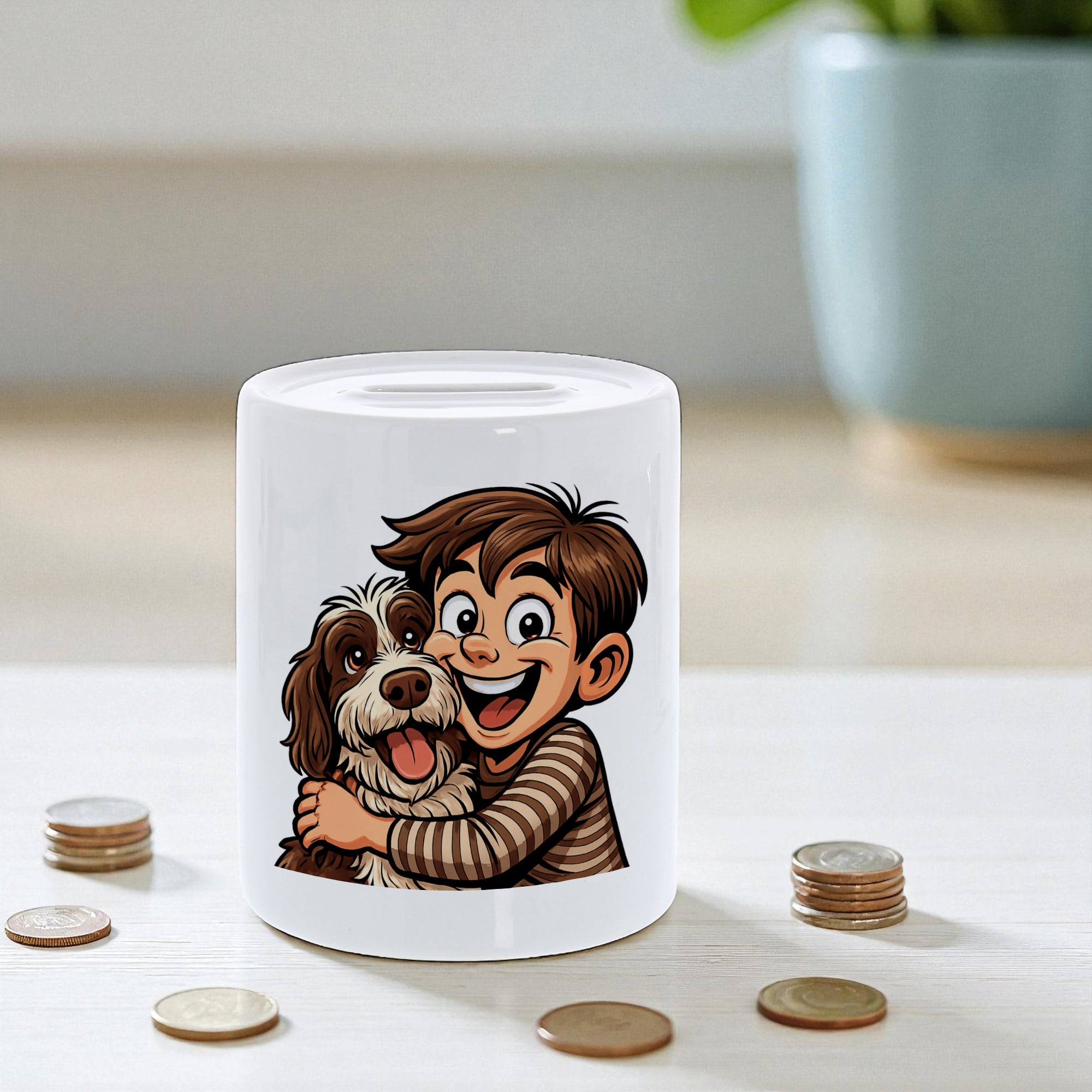 Spardose mit lustiger Karikatur und individueller Gestaltung, aus robustem Material, ideal zum Sparen und Personalisieren.