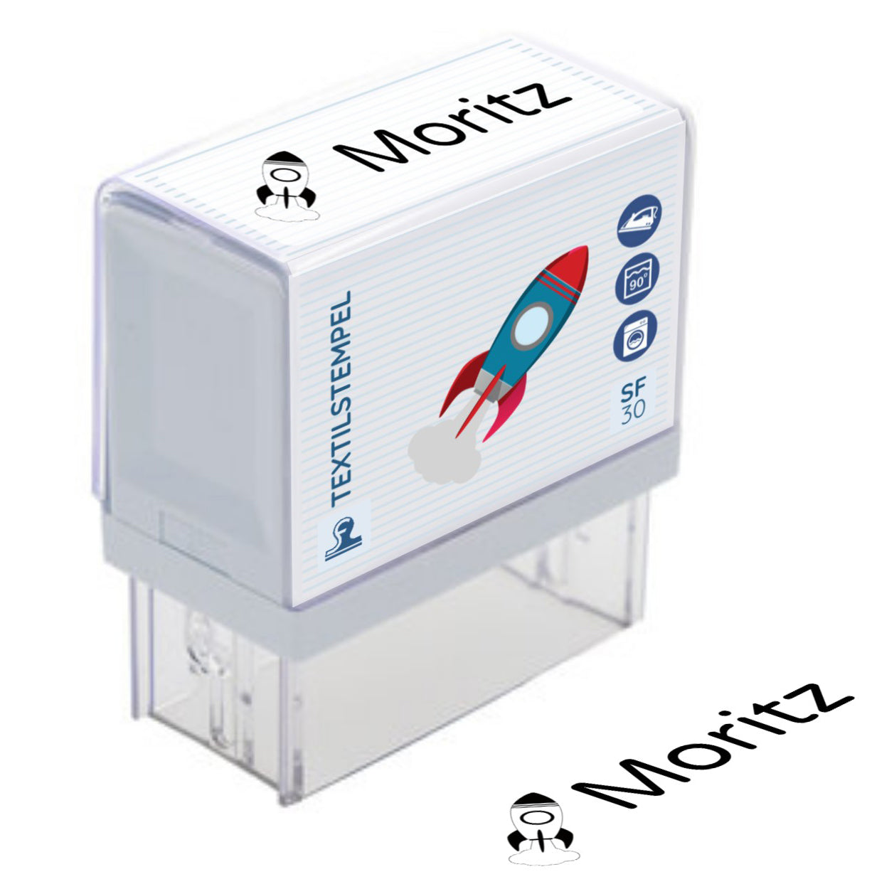 Kinder-Textilstempel 47x18 mm von stempel-fabrik.de, mit buntem Motiv auf Kunststoffgriff, geeignet für Kindertextilien.