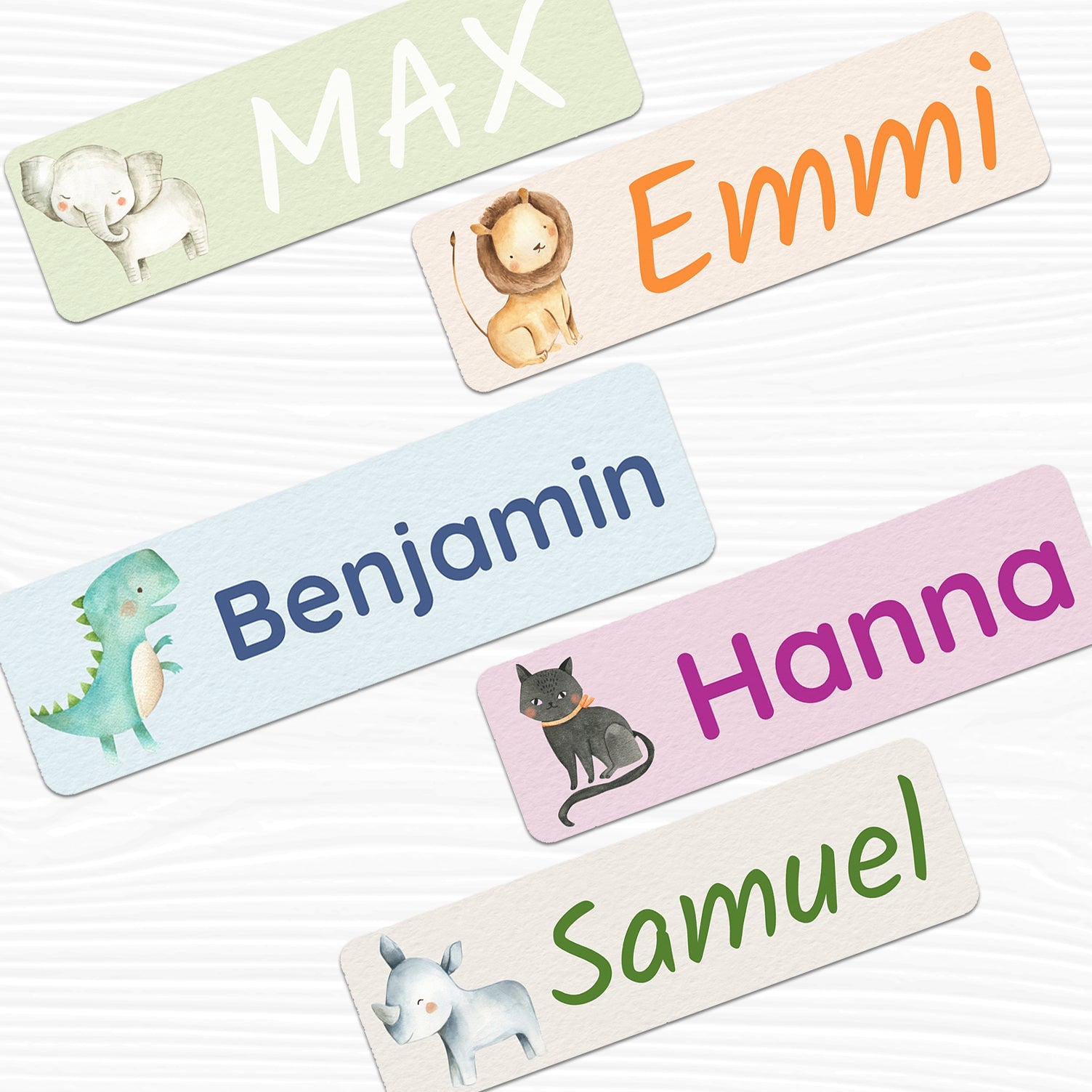 Aquarell Design Namensaufkleber, 3- oder 4-zeilig, 110 Stück, 50x15 mm, bunte, kreative Etiketten auf Papier.