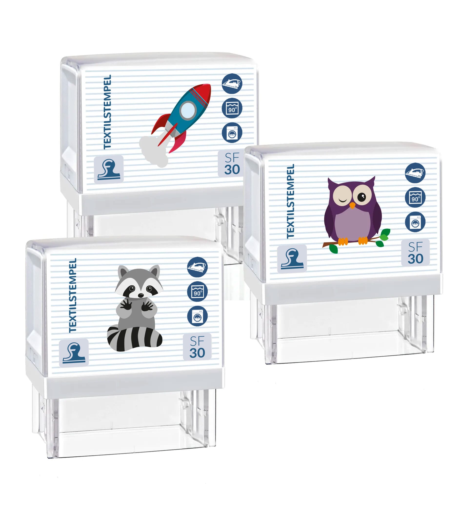 Kinder-Textilstempel von stempel-fabrik.de mit Motiv und Personalisierung, 47 x 18 mm, zum Bedrucken von Textilien.