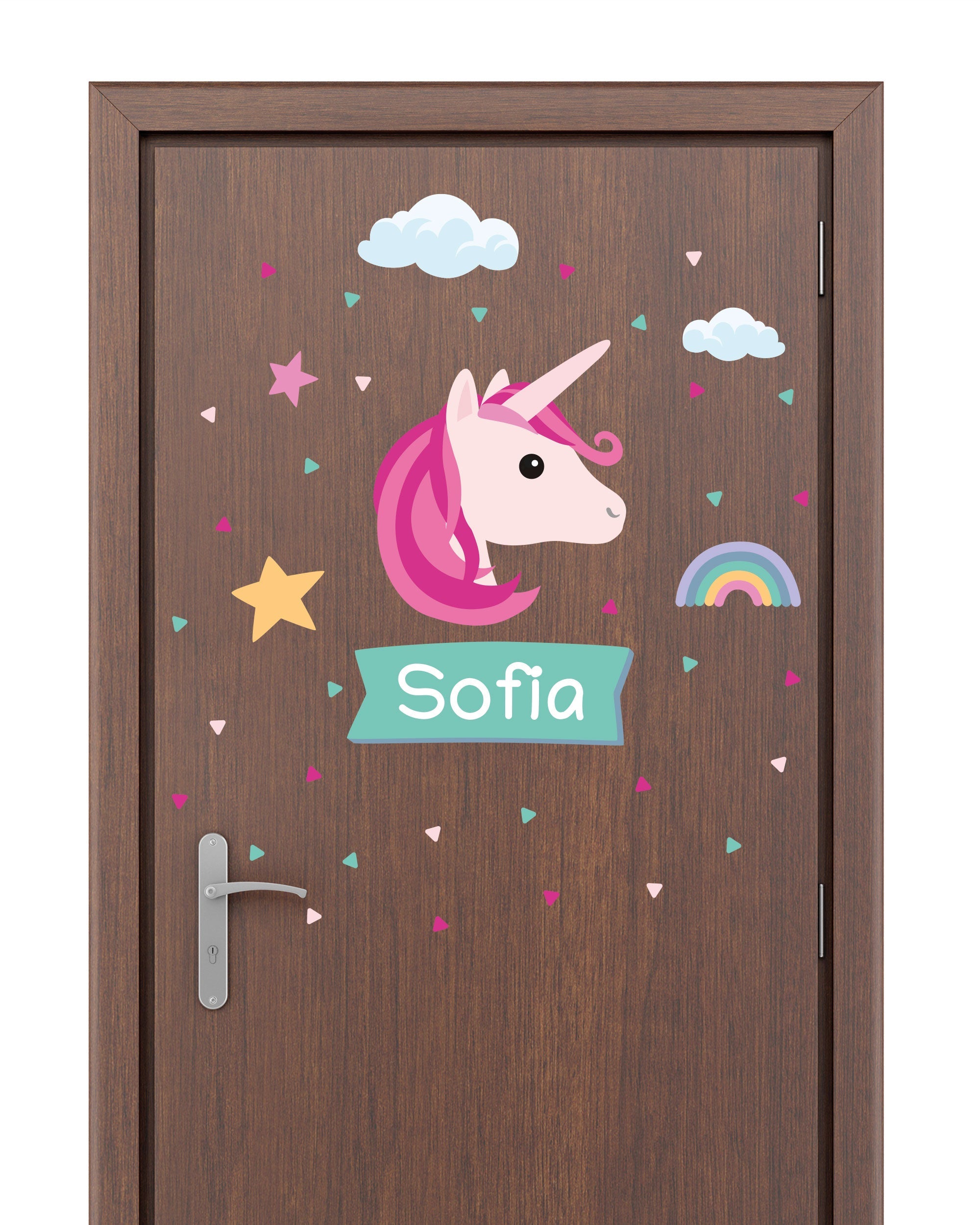 Individueller Türaufkleber mit Einhornmotiv für Kinderzimmer, buntes Wandtattoo, leicht anzubringen, von aufkleberdrucker.de