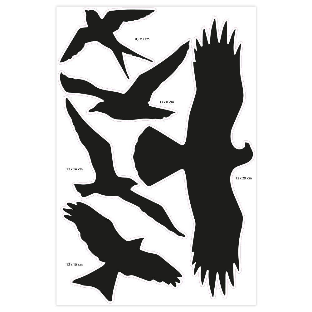 Schwarzweißer Vogel-Silhouetten-Aufkleber auf Bogen, ideal für Vogelschutz- und Dekorationsprojekte, von aufkleberdrucker.de