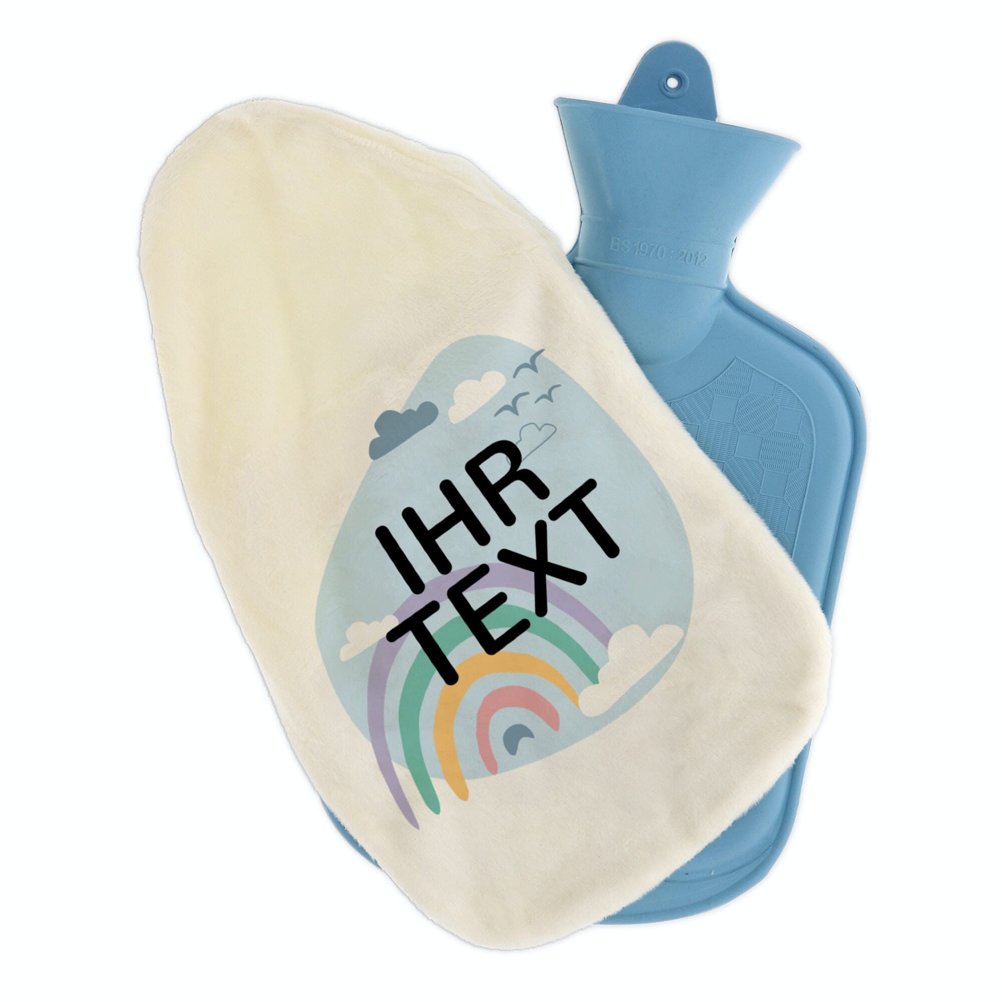Personalisierte Wärmflasche mit Regenbogen-Motiv und Namen, kuscheliges Design für Kinder, von gravur-fabrik.de