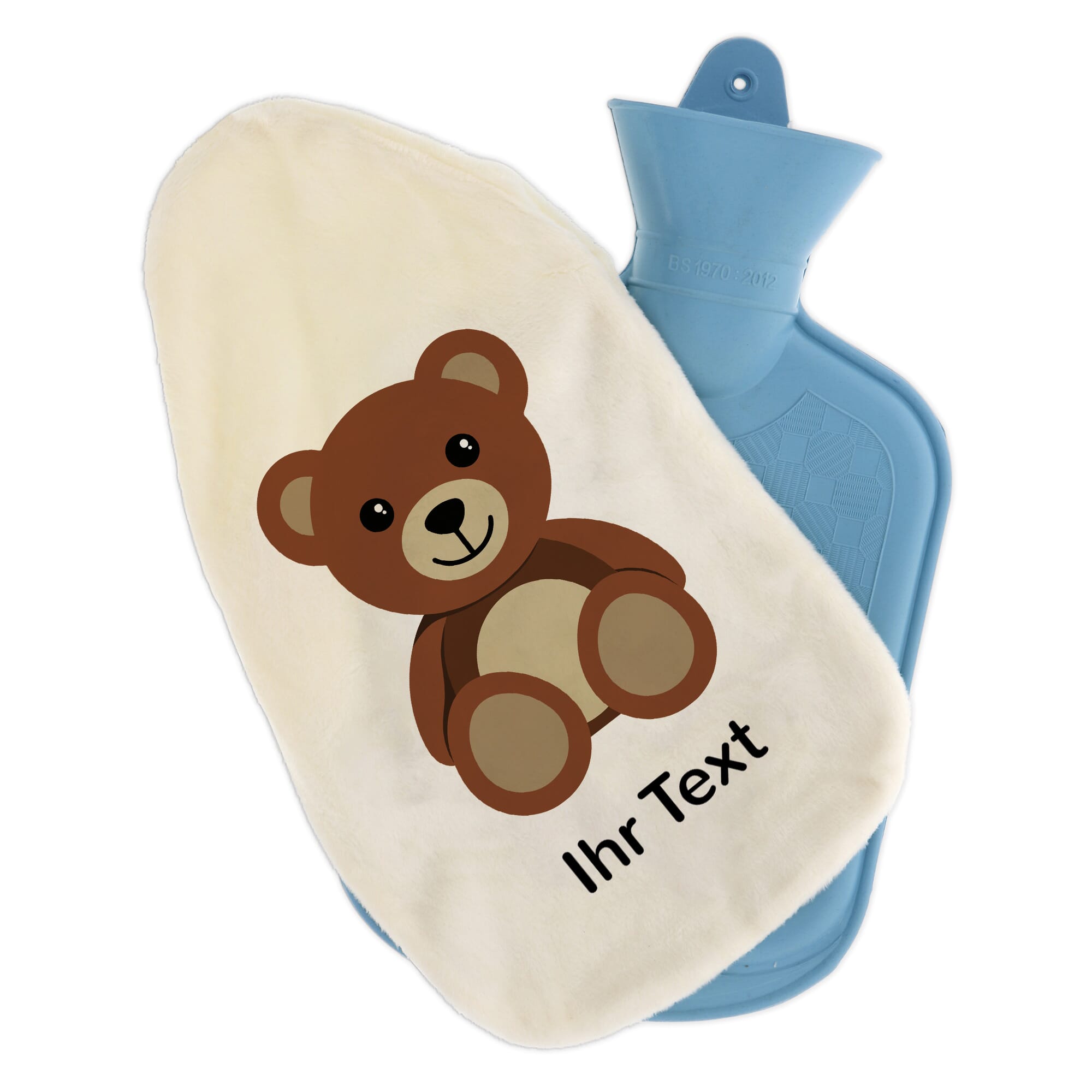 Personalisierte Wärmflasche mit Teddymotiv und Namen, ideal für Kinder, aus weichem Material, von gravur-fabrik.de.